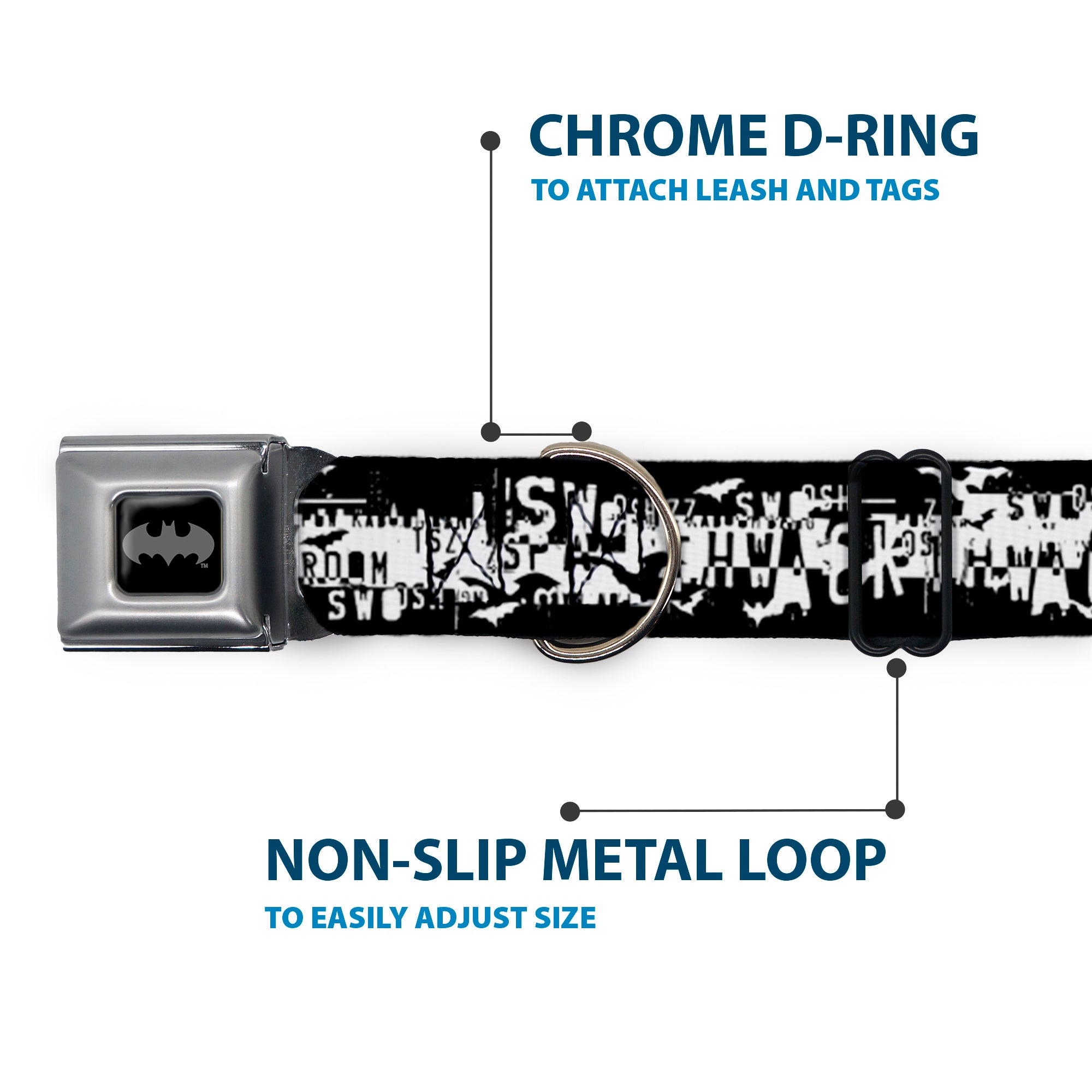 Batman Black Silver Seatbelt Buckle Collar - Batman Action Verbiage Black/White Seatbelt Buckle Collars DC Comics