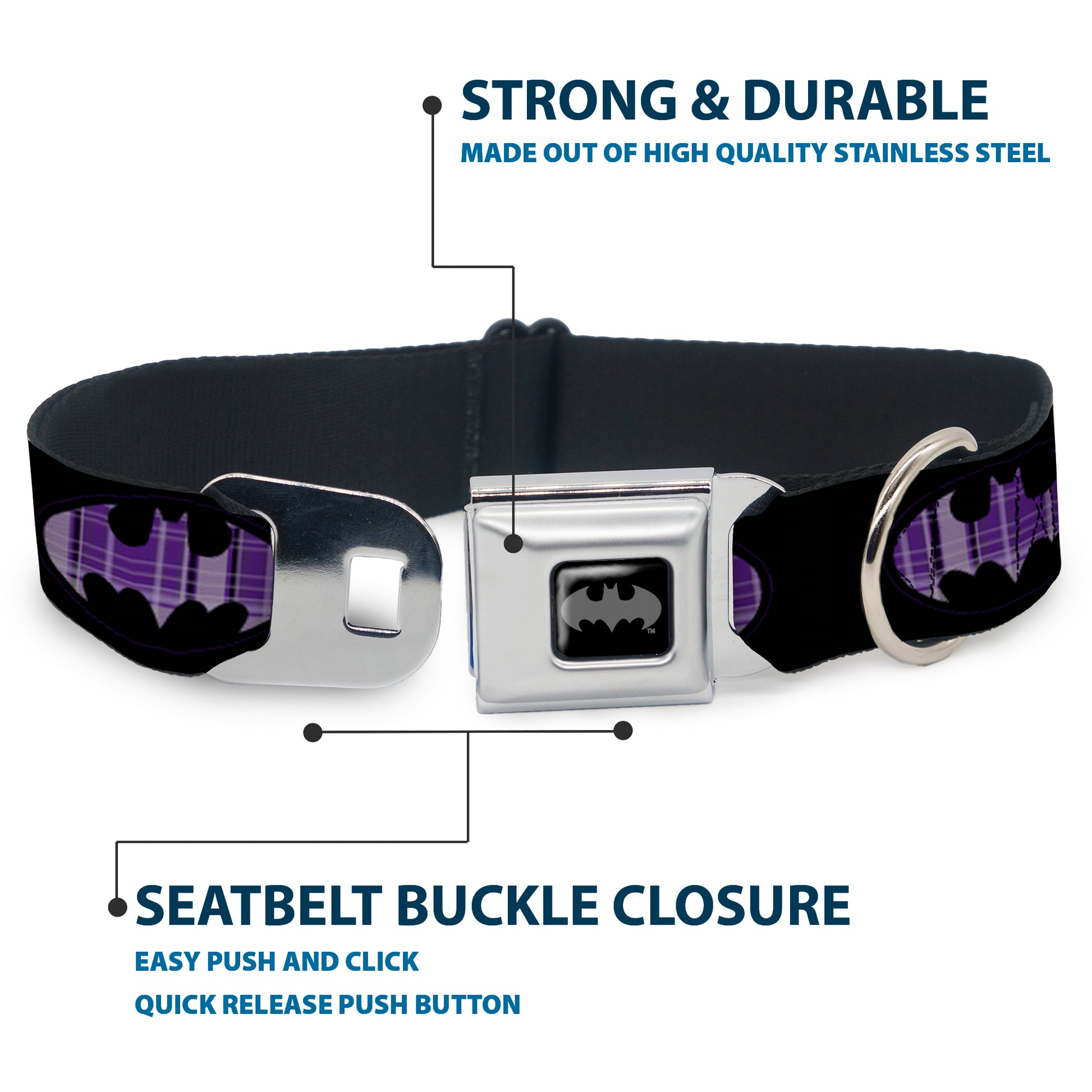 Batman Black Silver Seatbelt Buckle Collar - Batman Signal Black/Purple Plaid Seatbelt Buckle Collars DC Comics
