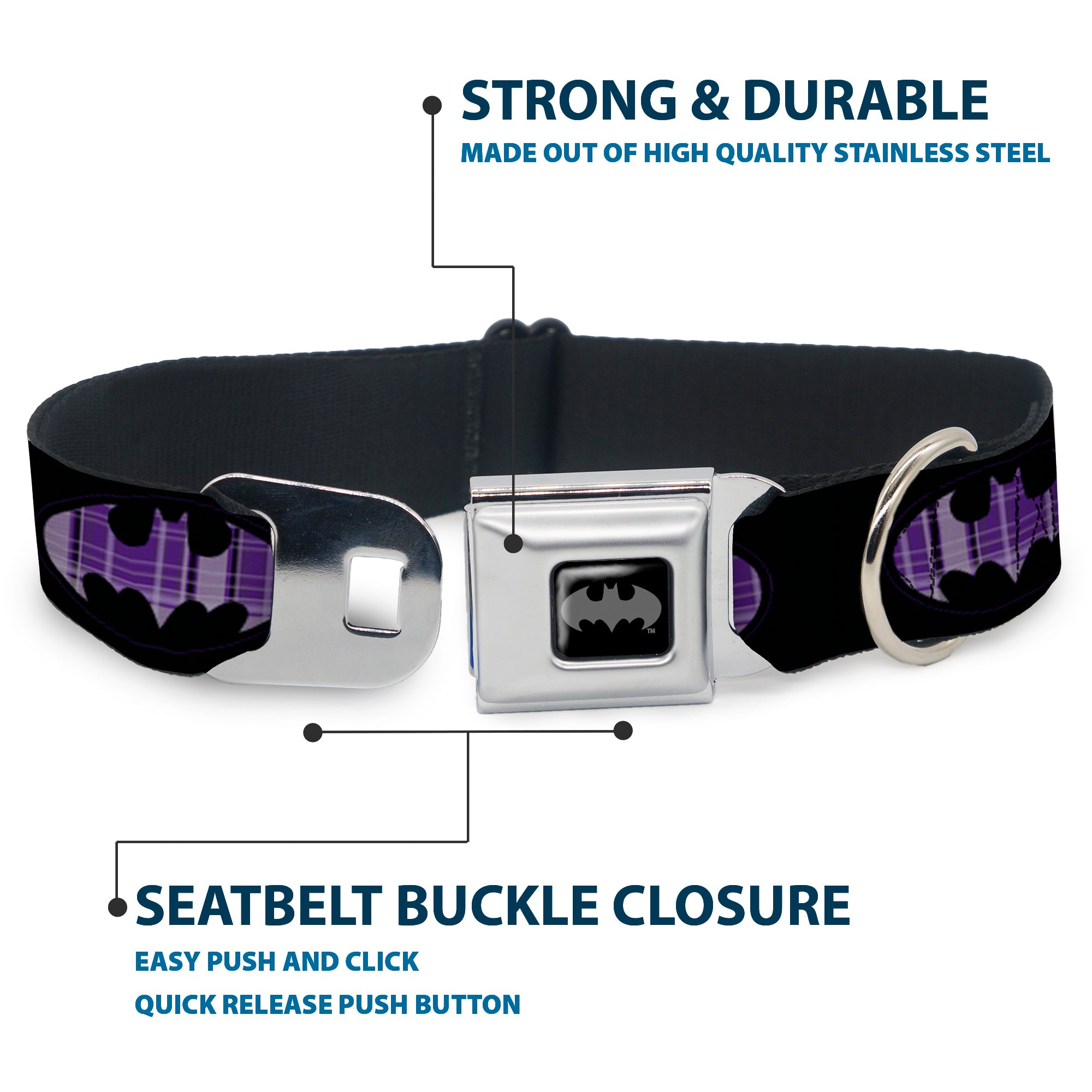 Batman Black Silver Seatbelt Buckle Collar - Batman Signal Black/Purple Plaid Seatbelt Buckle Collars DC Comics