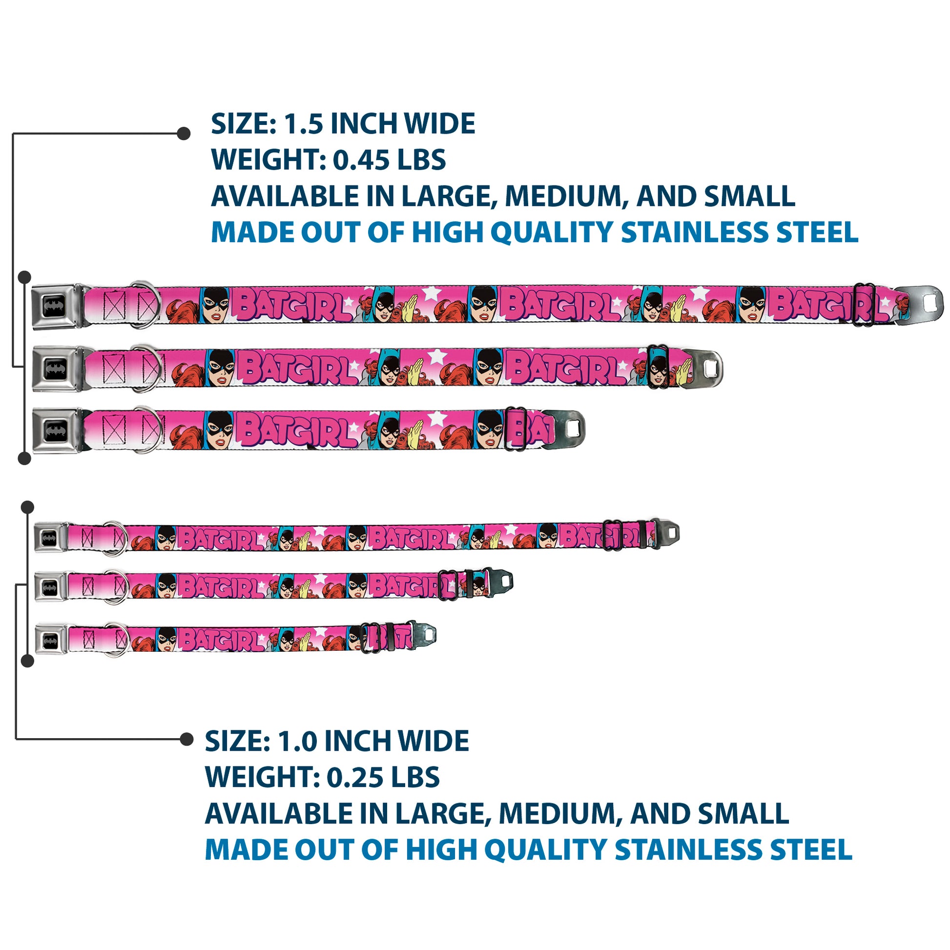 Batman Black/Silver Seatbelt Buckle Collar - BATGIRL Bubble Letters w/Stars Pink/White Seatbelt Buckle Collars DC Comics