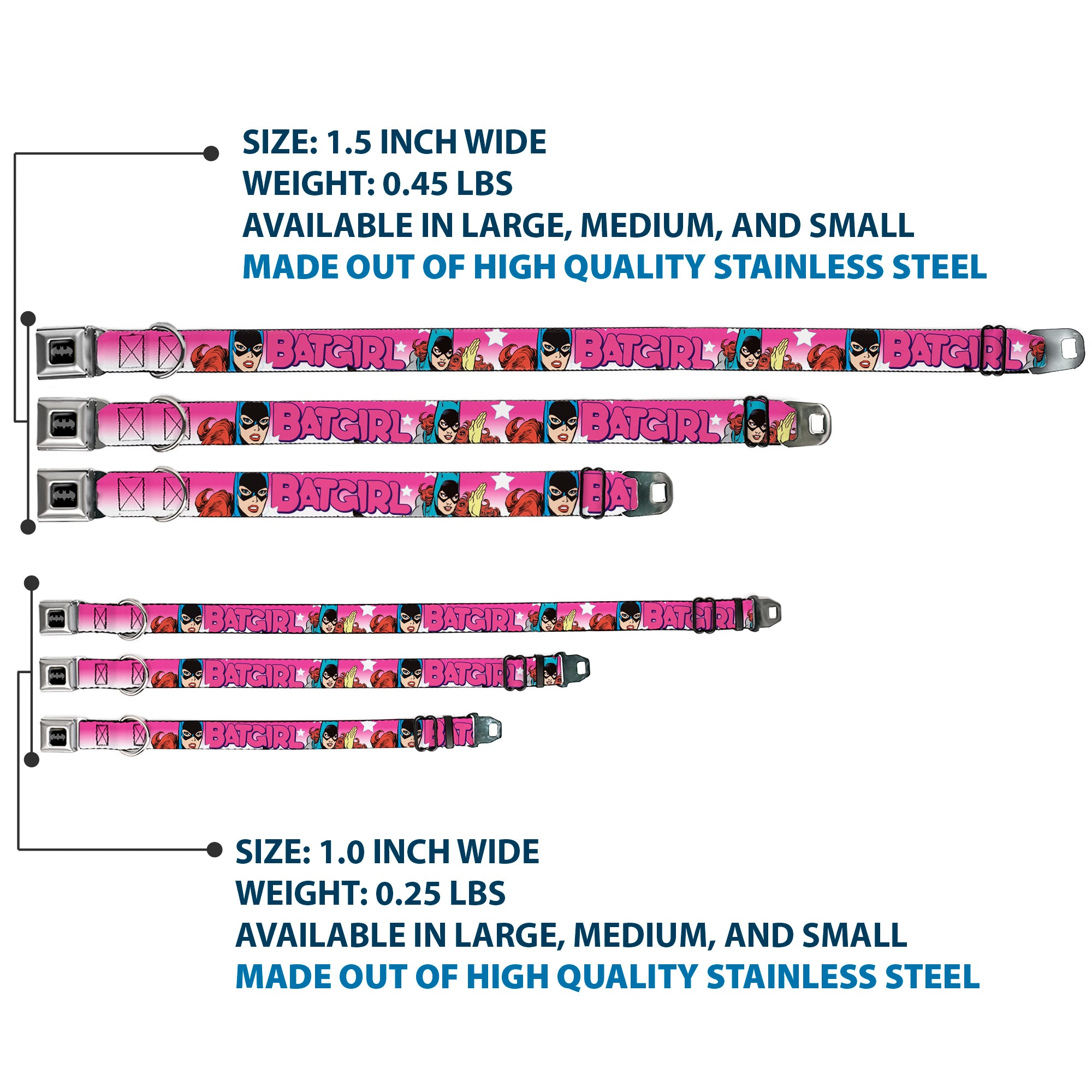 Batman Black/Silver Seatbelt Buckle Collar - BATGIRL Bubble Letters w/Stars Pink/White Seatbelt Buckle Collars DC Comics