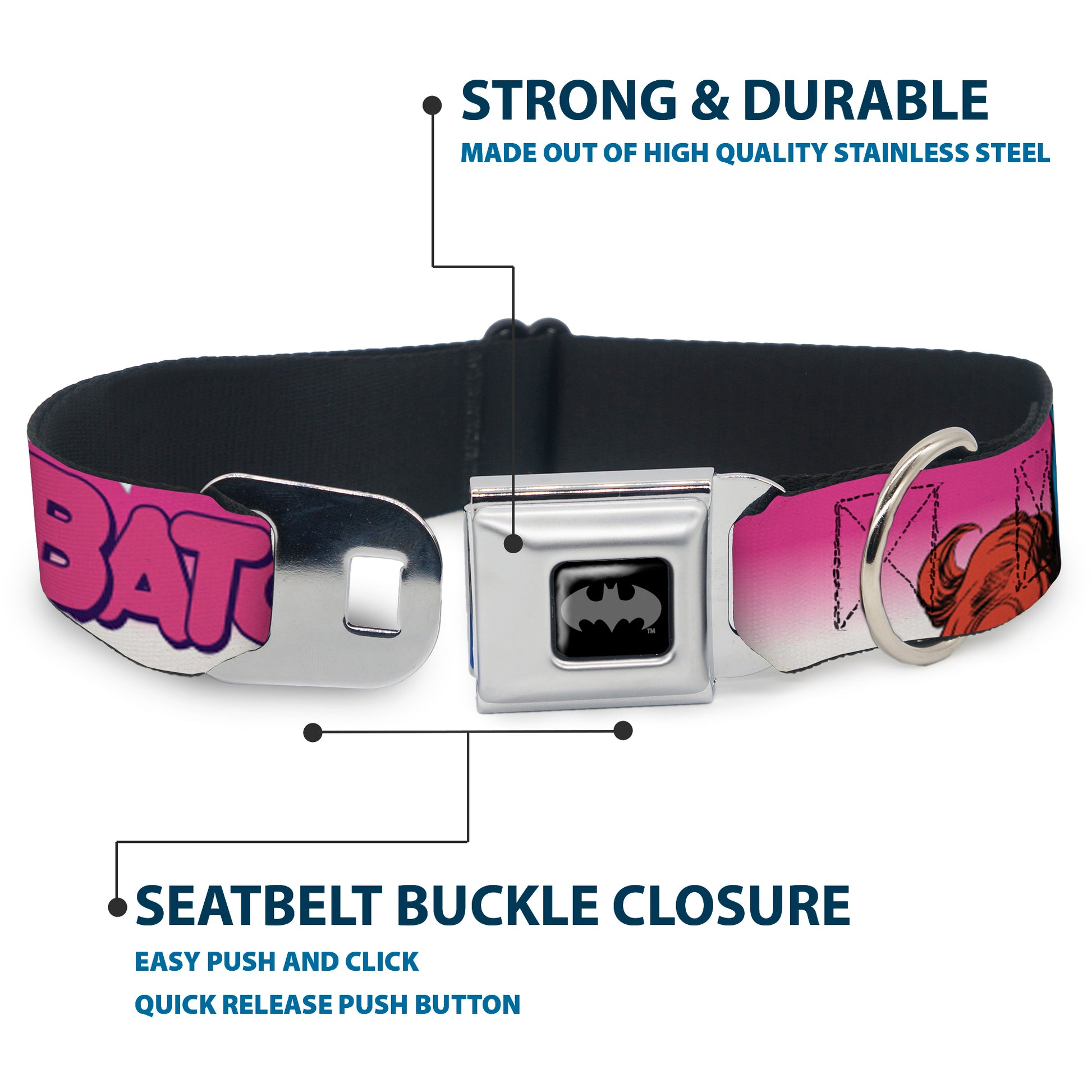 Batman Black/Silver Seatbelt Buckle Collar - BATGIRL Bubble Letters w/Stars Pink/White Seatbelt Buckle Collars DC Comics