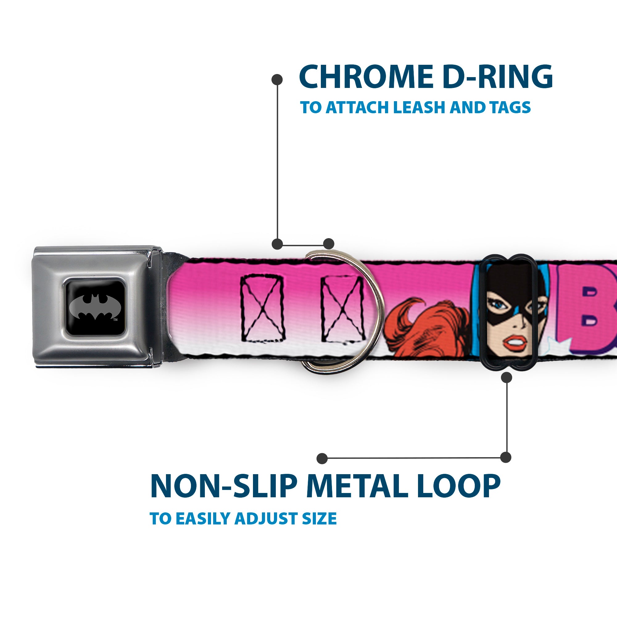 Batman Black/Silver Seatbelt Buckle Collar - BATGIRL Bubble Letters w/Stars Pink/White Seatbelt Buckle Collars DC Comics