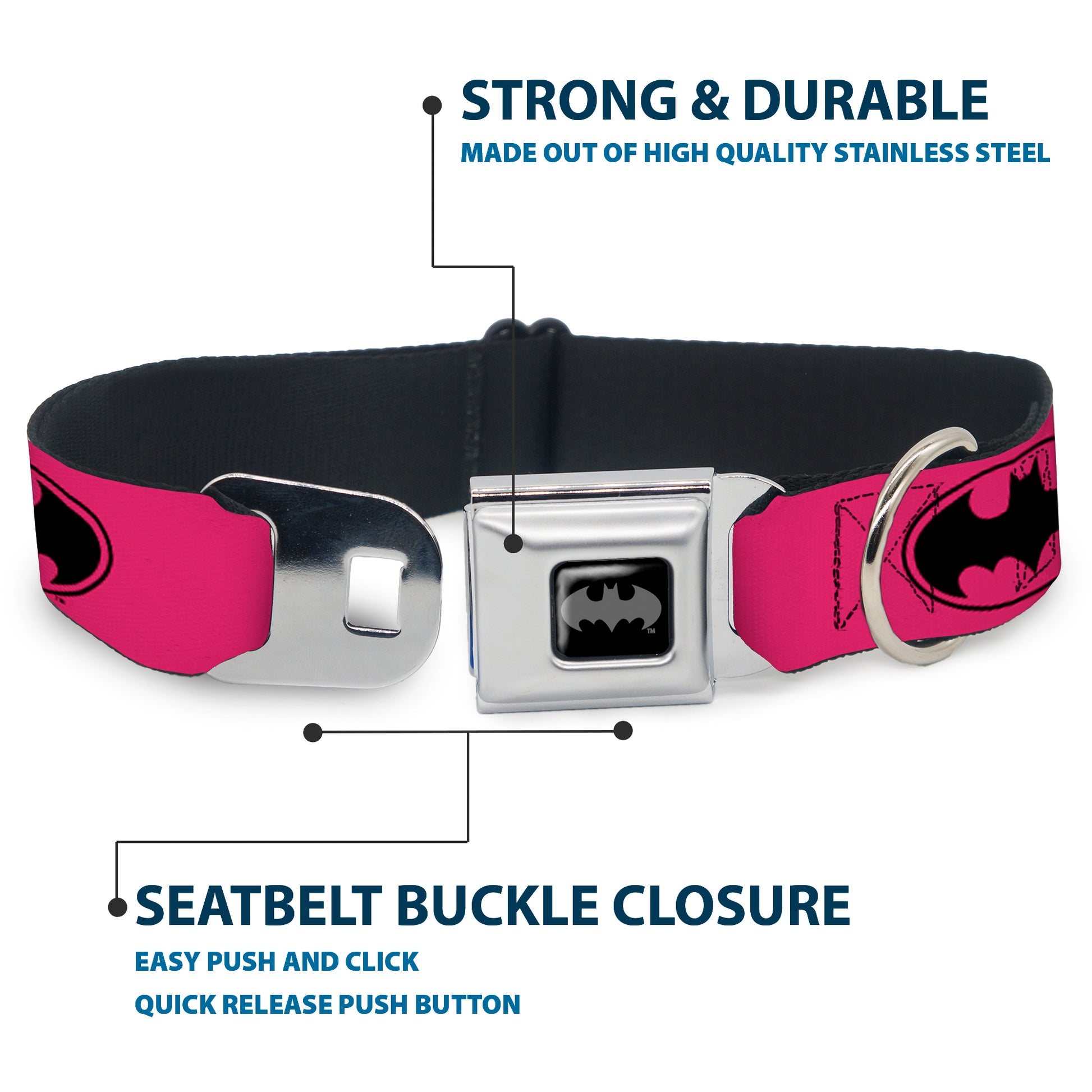 Batman Black Silver Seatbelt Buckle Collar - Bat Signal-3 Fuchsia/Black/Fuchsia Seatbelt Buckle Collars DC Comics