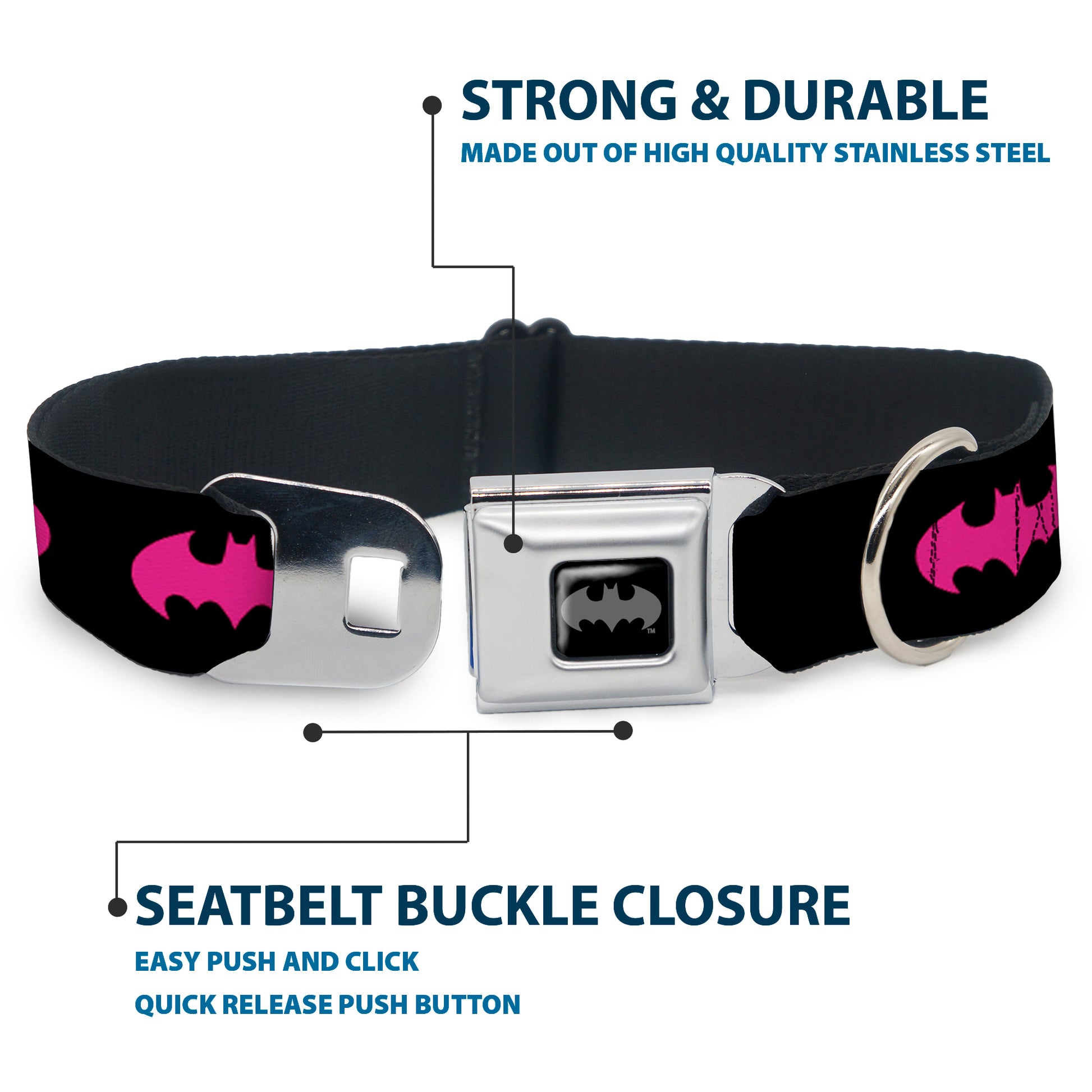 Batman Black Silver Seatbelt Buckle Collar - Batman Signal Black/Fuchsia Seatbelt Buckle Collars DC Comics