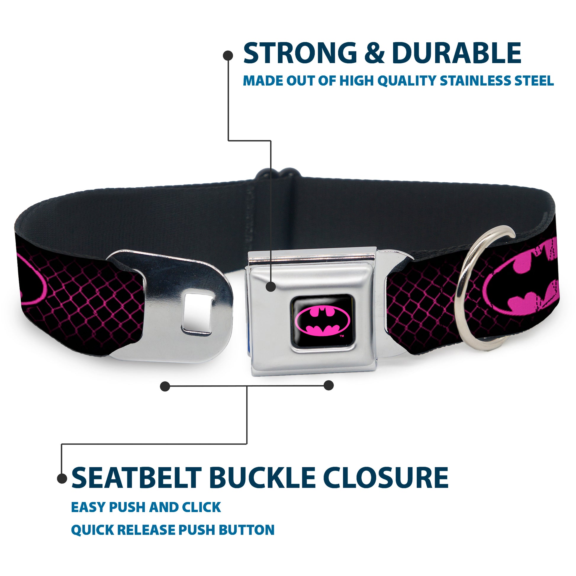 Batman Shield Full Color Black/Hot Pink Seatbelt Buckle Collar - Batman Shield/Chainlink Black/Hot Pink Seatbelt Buckle Collars DC Comics