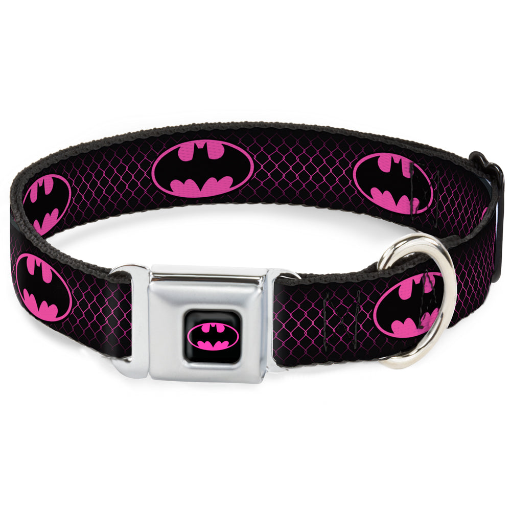Batman Shield Full Color Black/Hot Pink Seatbelt Buckle Collar - Batman Shield/Chainlink Black/Hot Pink Seatbelt Buckle Collars DC Comics