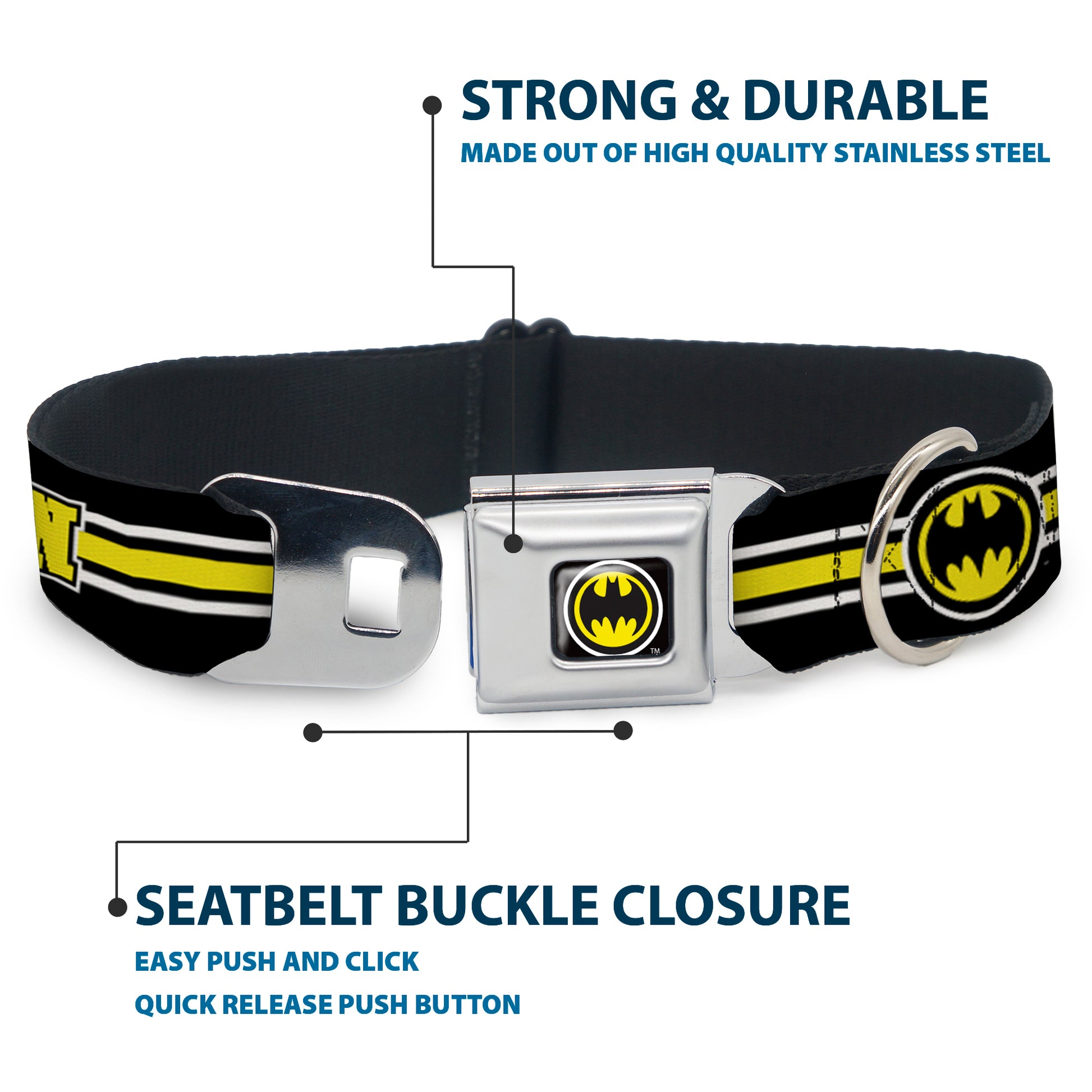 Bat Signal Black/White/Yellow Seatbelt Buckle Collar - BATMAN/Bat Signal Triple Stripe Black/White/Yellow Seatbelt Buckle Collars DC Comics