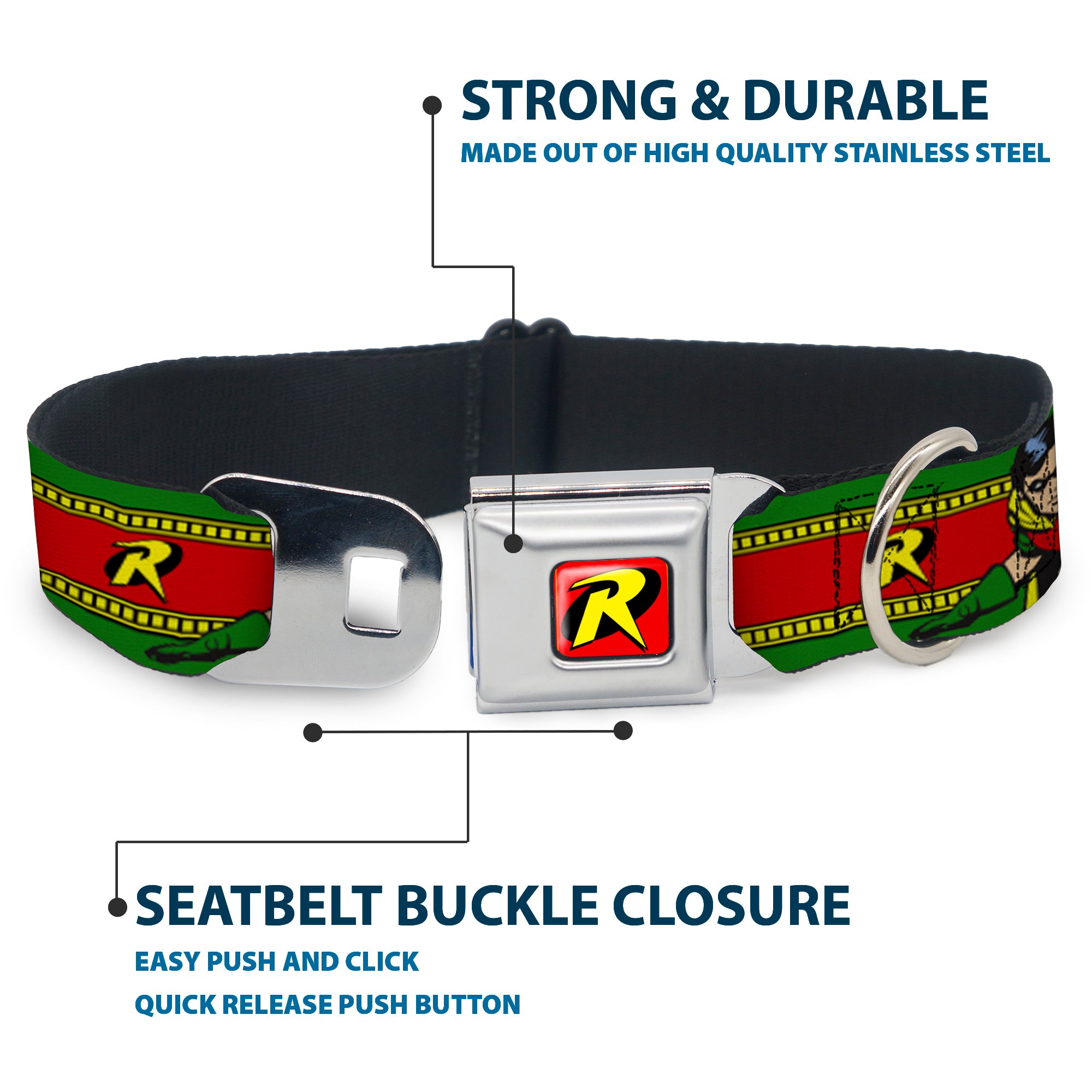 Robin "R" Logo Full Color Red/Black/Yellow Seatbelt Buckle Collar - Robin Action Pose/"R" Logo Stripe Green/Yellow/Red/Black Seatbelt Buckle Collars DC Comics