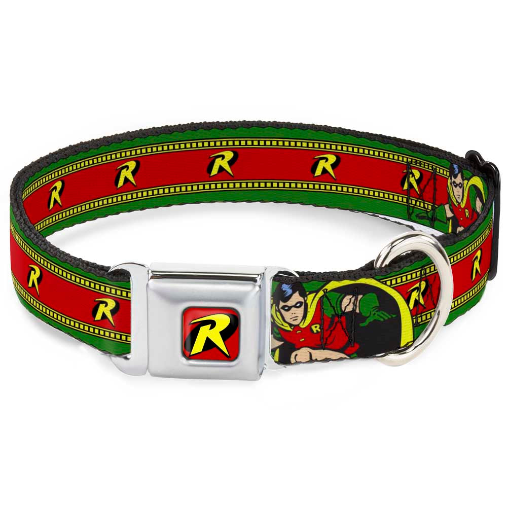 Robin "R" Logo Full Color Red/Black/Yellow Seatbelt Buckle Collar - Robin Action Pose/"R" Logo Stripe Green/Yellow/Red/Black Seatbelt Buckle Collars DC Comics