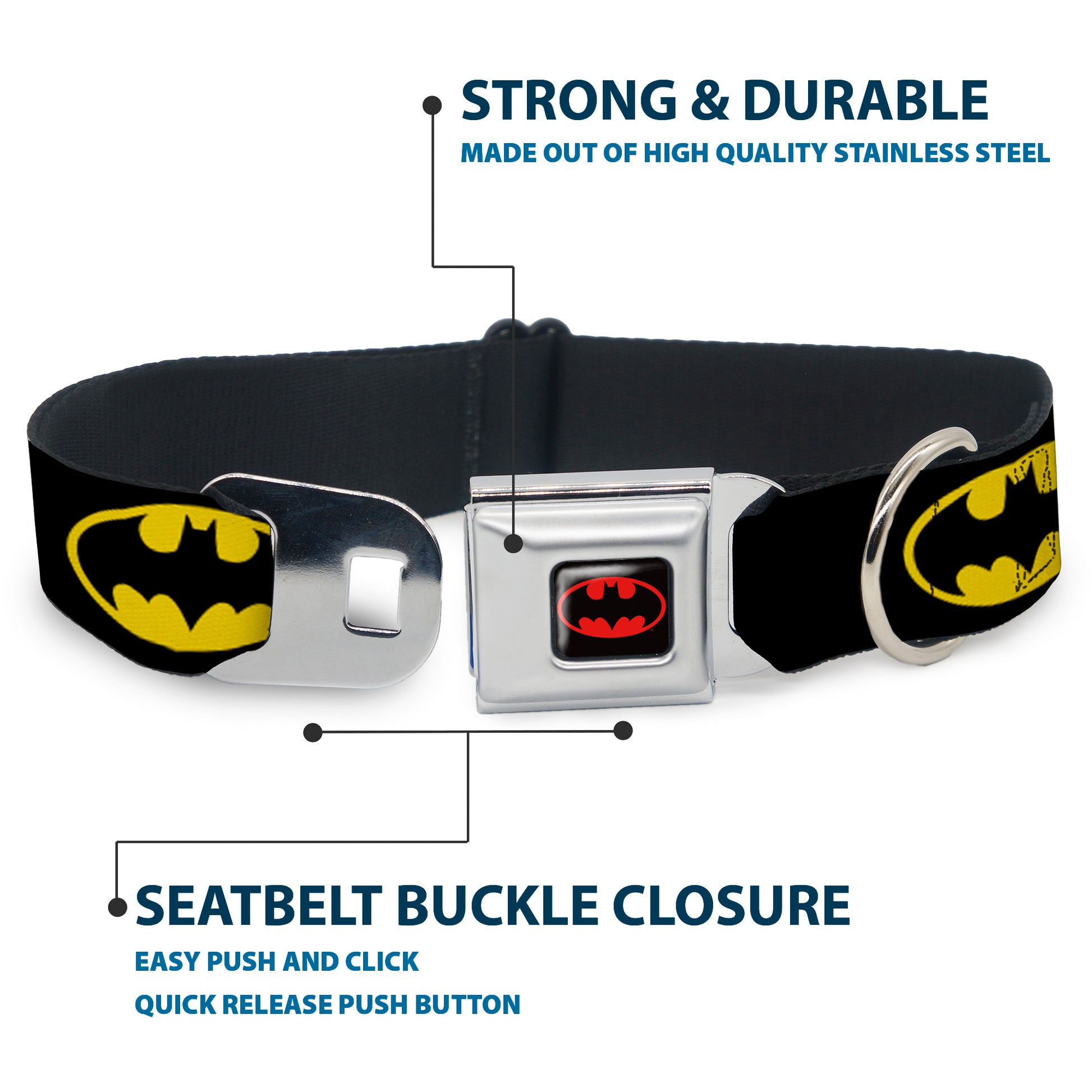 Batman Full Color Black Yellow Seatbelt Buckle Collar - Batman Shield Black/Yellow Seatbelt Buckle Collars DC Comics