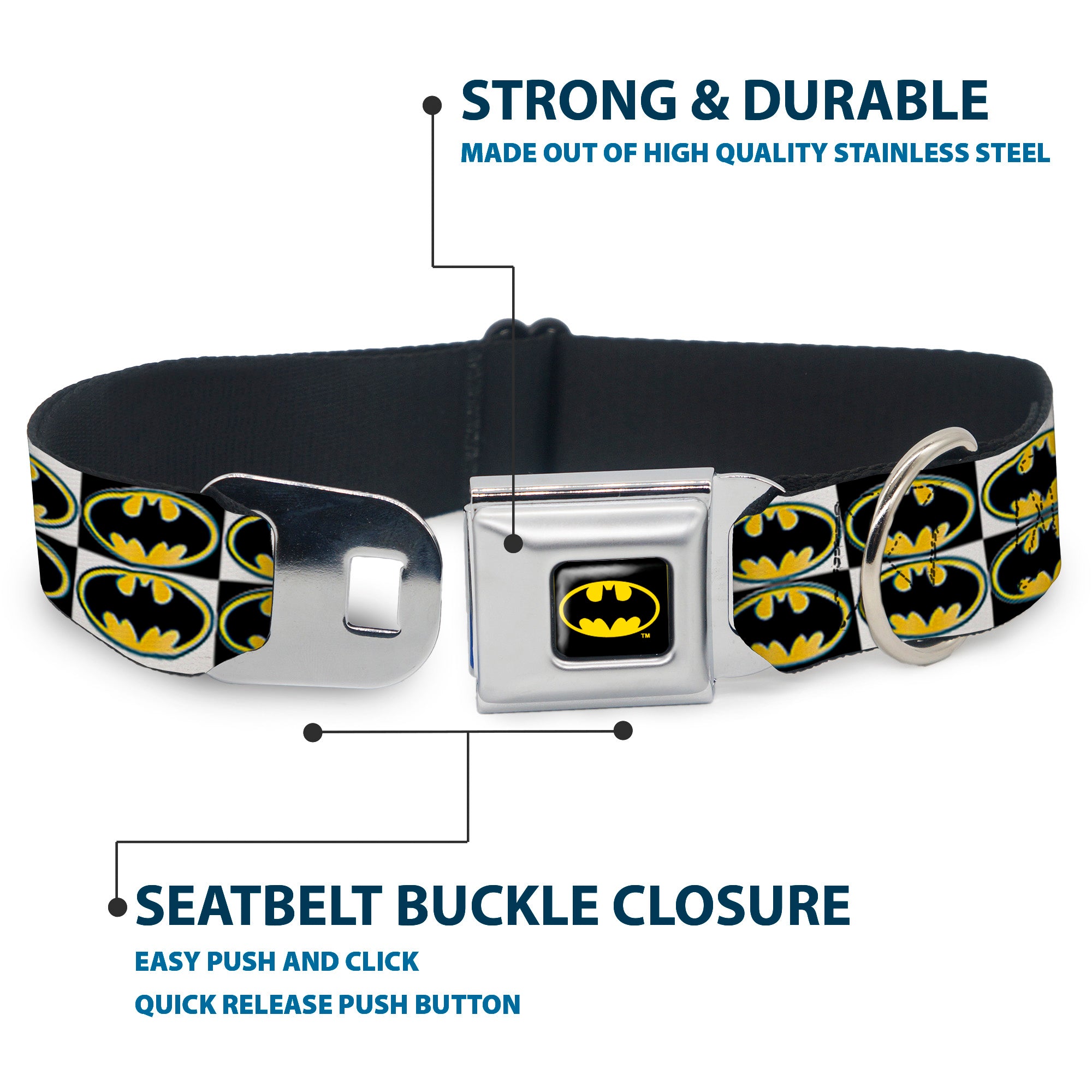 Batman Full Color Black Yellow Seatbelt Buckle Collar - Batman Shield Checkers Seatbelt Buckle Collars DC Comics