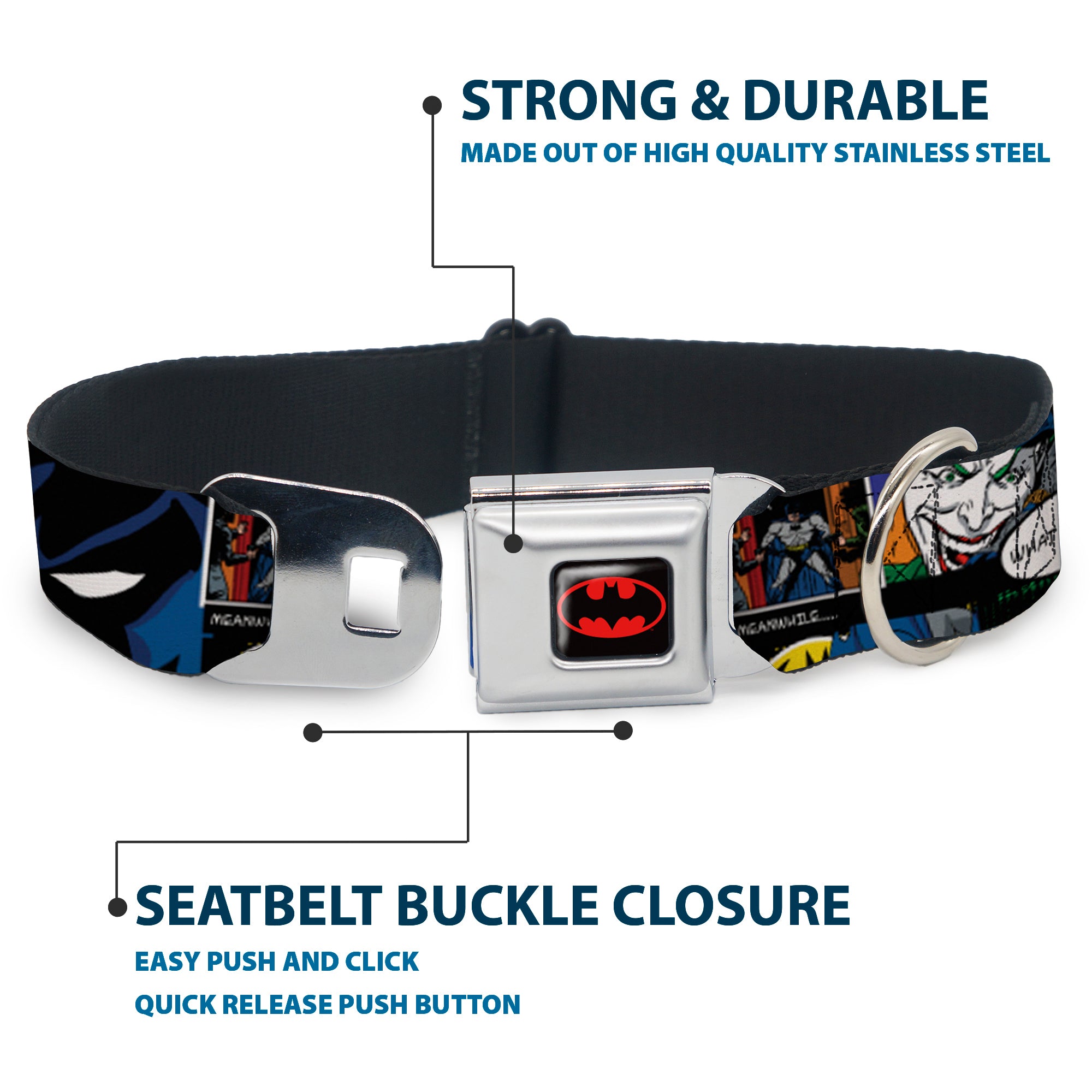 Batman Full Color Black Yellow Seatbelt Buckle Collar - Batman & Joker Comic Strip Seatbelt Buckle Collars DC Comics