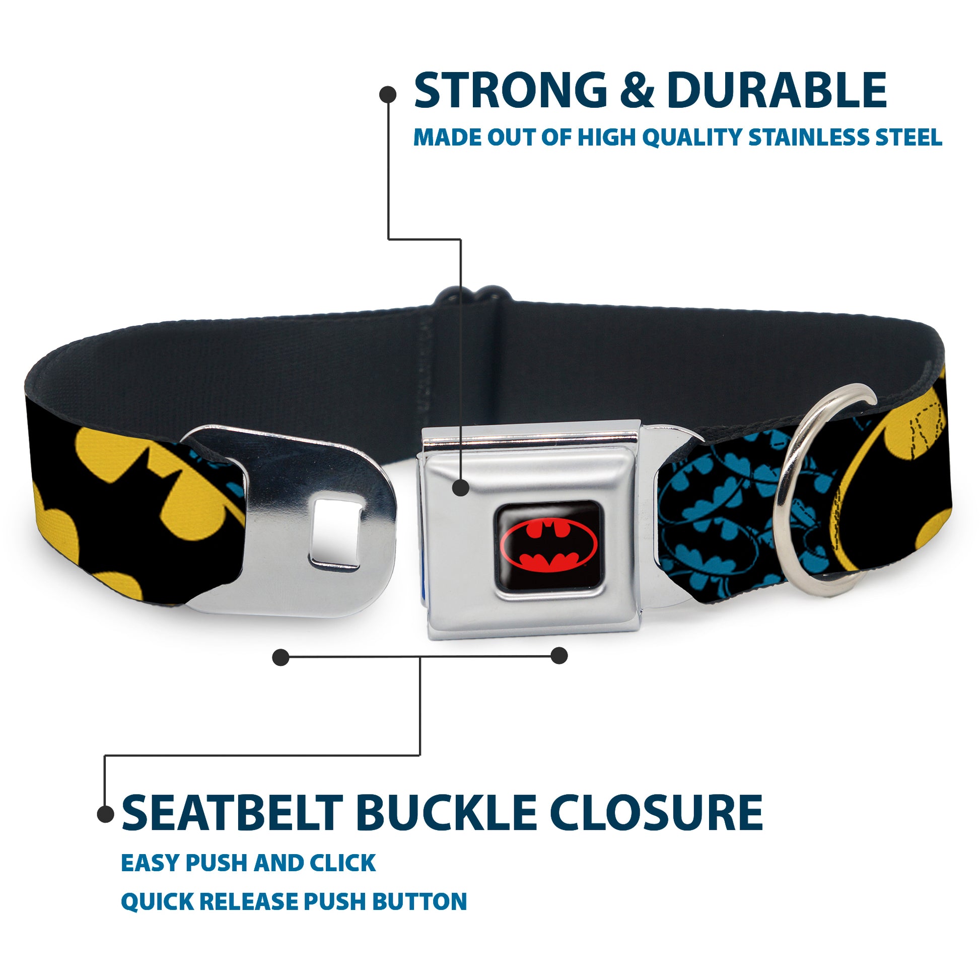 Batman Full Color Black Yellow Seatbelt Buckle Collar - Bat Signals Stacked w/CLOSE-UP Blue/Black/Yellow Seatbelt Buckle Collars DC Comics