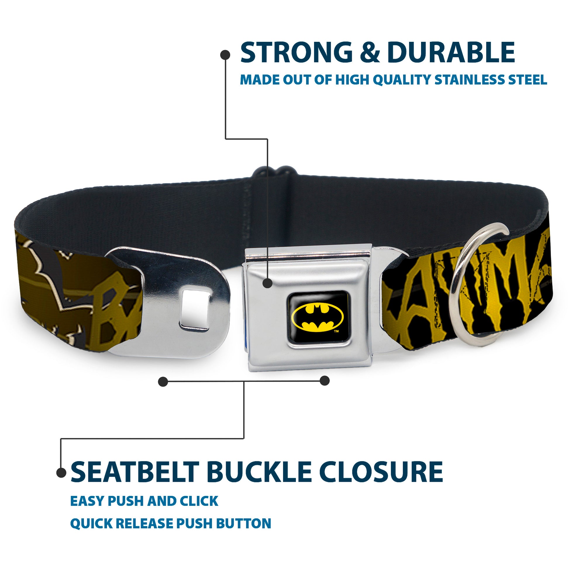 Batman Full Color Black Yellow Seatbelt Buckle Collar - BATMAN w/Bat Signals & Flying Bats Yellow/Black/White Seatbelt Buckle Collars DC Comics
