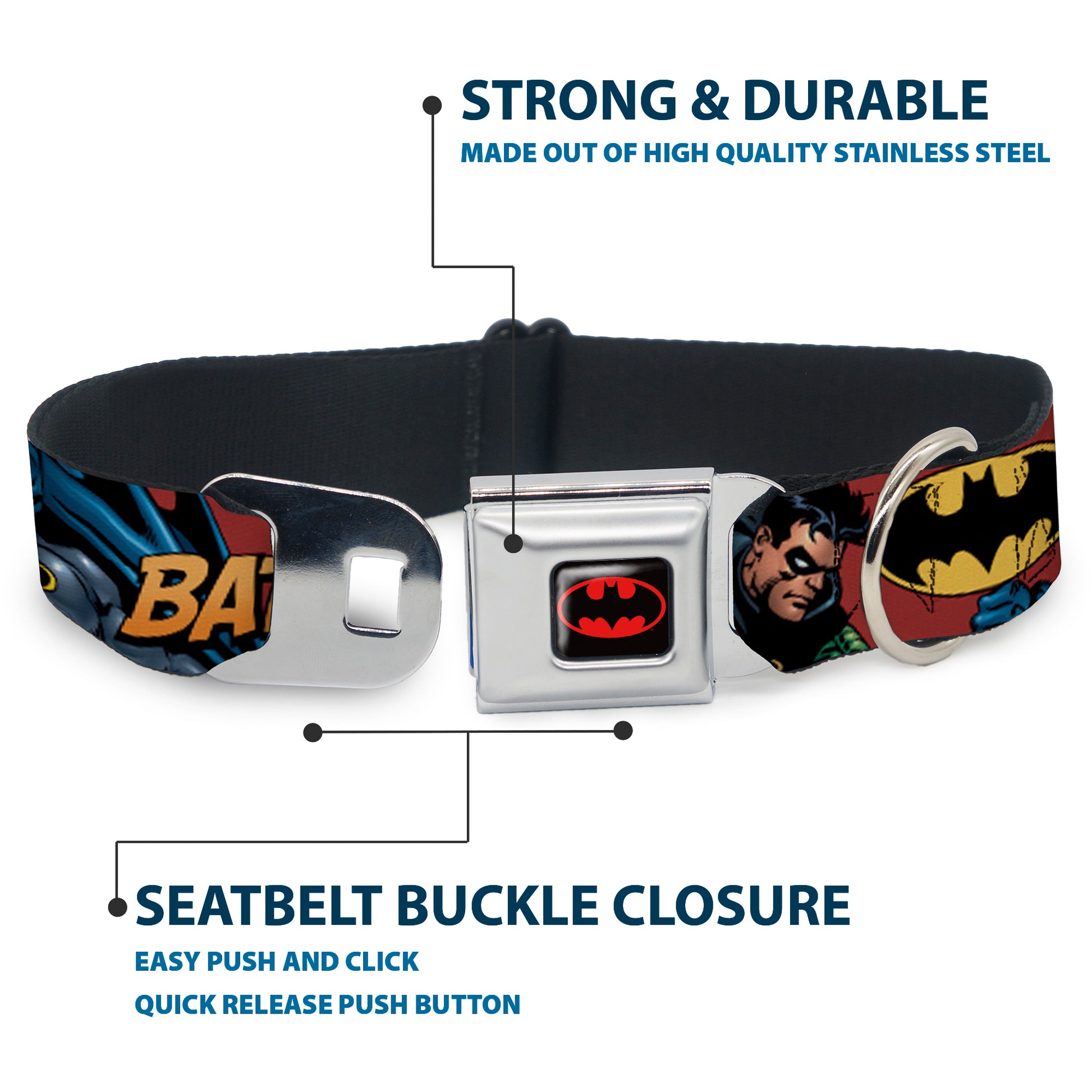 Batman Full Color Black Yellow Seatbelt Buckle Collar - Batman & Robin in Action w/Text Burgundy Seatbelt Buckle Collars DC Comics