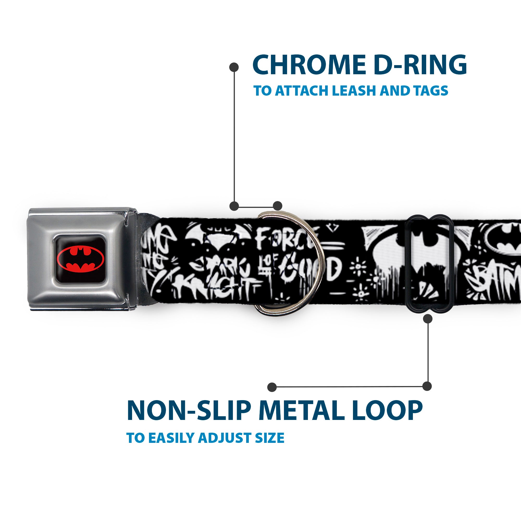 Batman Black/Yellow Seatbelt Buckle Collar - Batman Gotham City Graffiti Collage Black/White Seatbelt Buckle Collars DC Comics