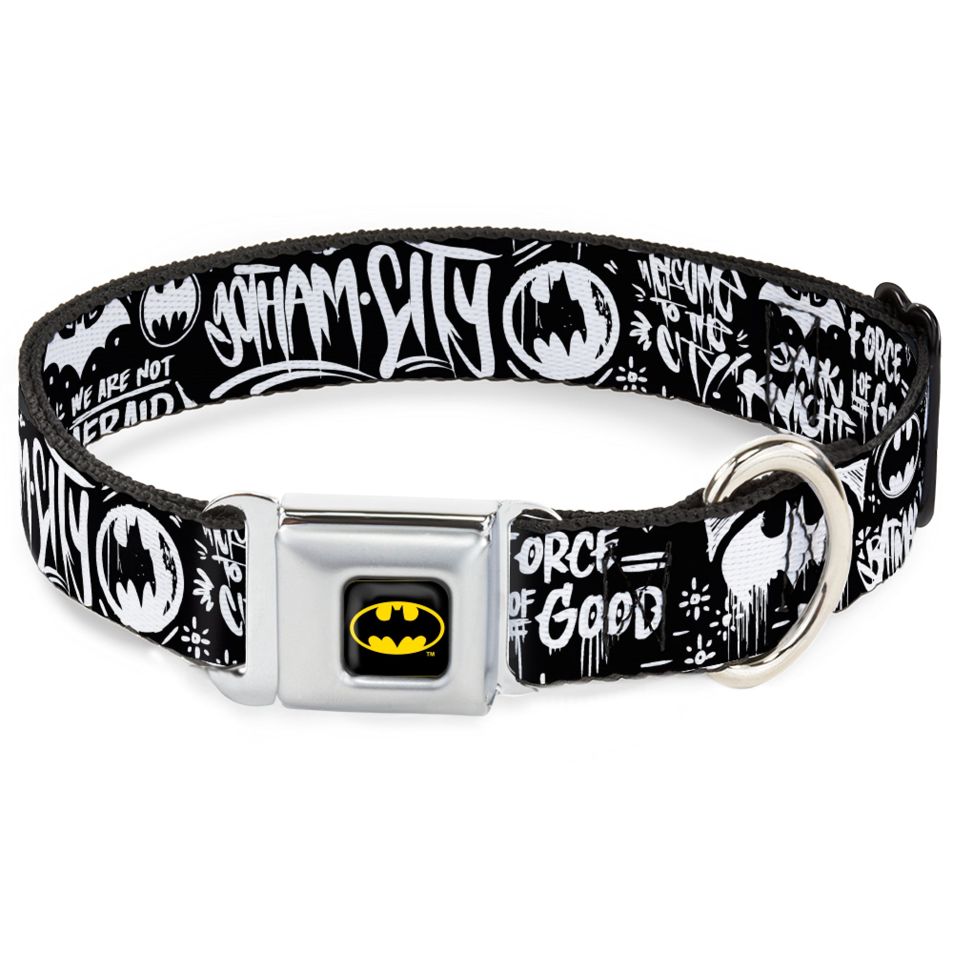 Batman Black/Yellow Seatbelt Buckle Collar - Batman Gotham City Graffiti Collage Black/White Seatbelt Buckle Collars DC Comics