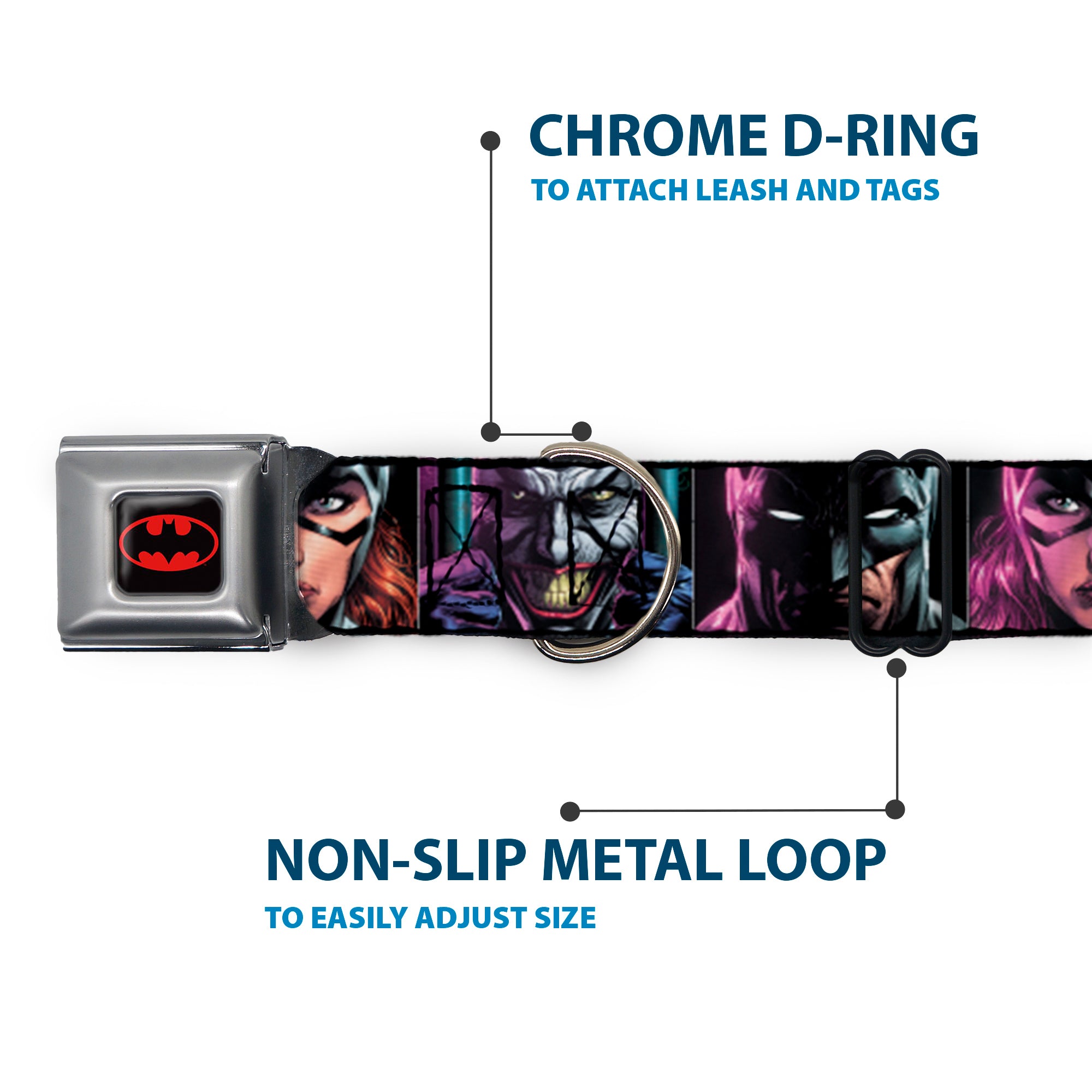 Batman Black/Yellow Seatbelt Buckle Collar - Batman Batgirl and Joker Comic Book Cover Face Close-Ups Black Seatbelt Buckle Collars DC Comics