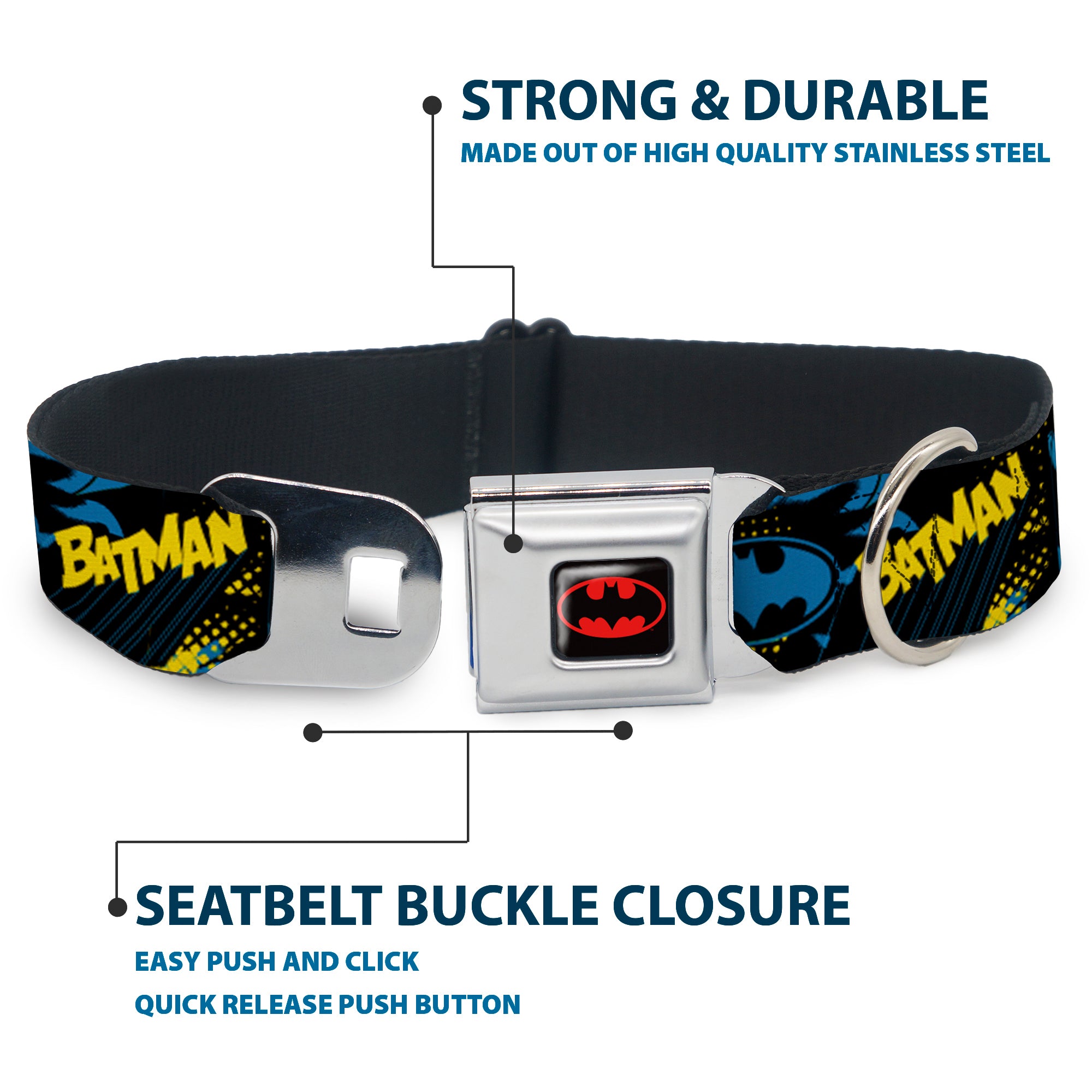 Batman Black/Yellow Seatbelt Buckle Collar - BATMAN Poses and Logo Collage Black/Blue/Yellow Seatbelt Buckle Collars DC Comics