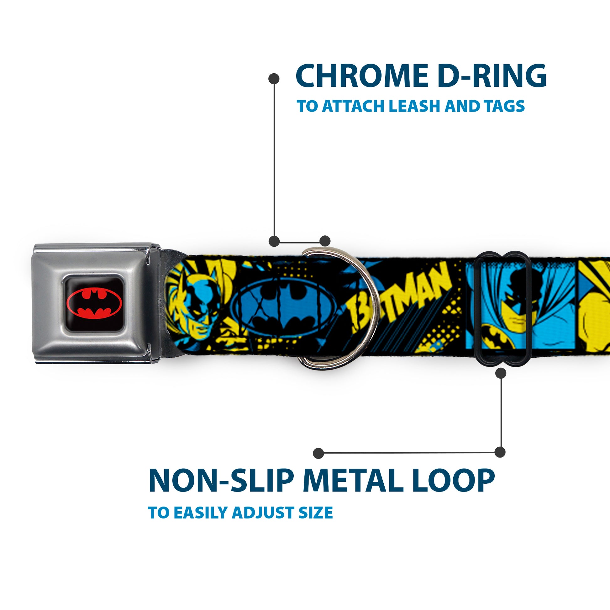 Batman Black/Yellow Seatbelt Buckle Collar - BATMAN Poses and Logo Collage Black/Blue/Yellow Seatbelt Buckle Collars DC Comics