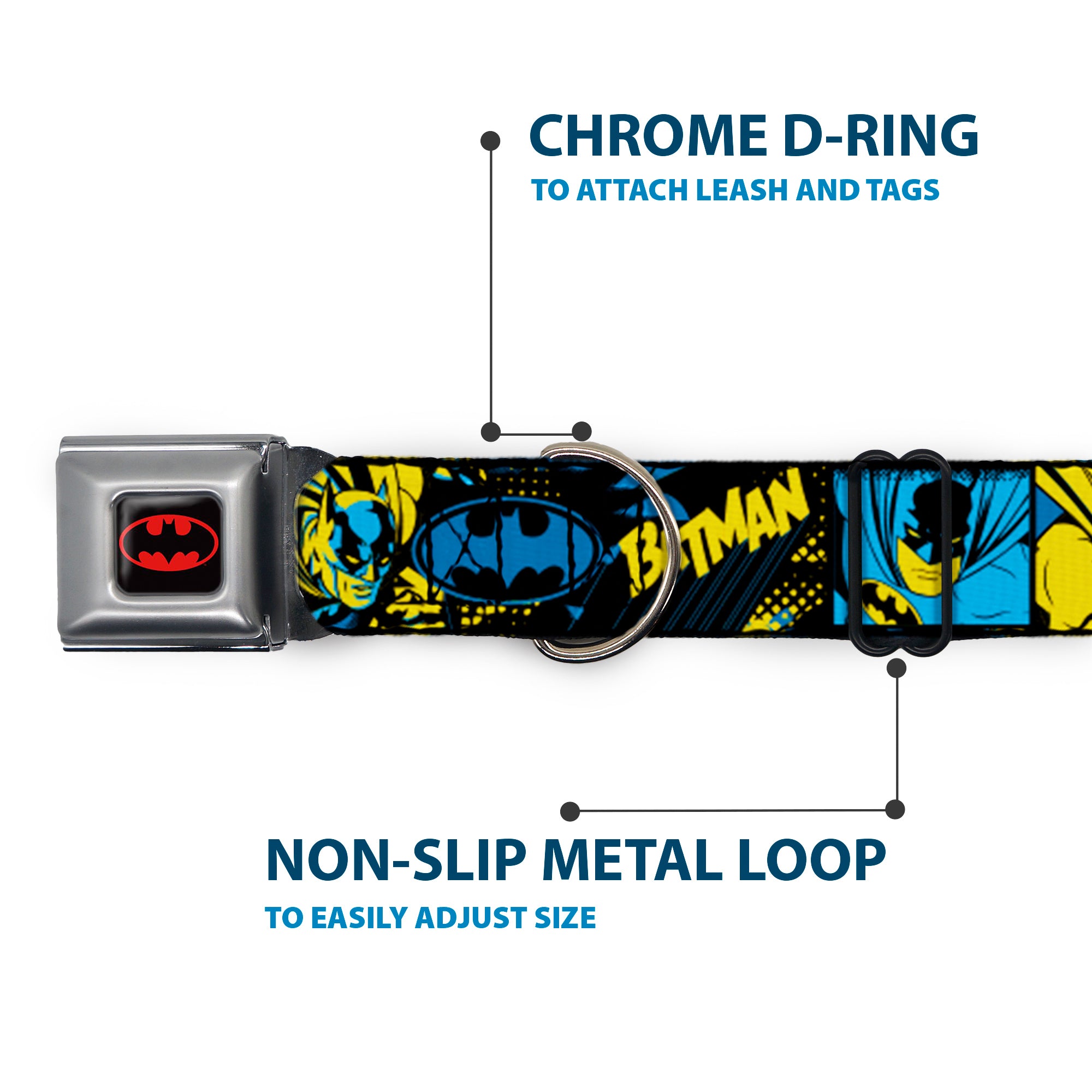 Batman Black/Yellow Seatbelt Buckle Collar - BATMAN Poses and Logo Collage Black/Blue/Yellow Seatbelt Buckle Collars DC Comics
