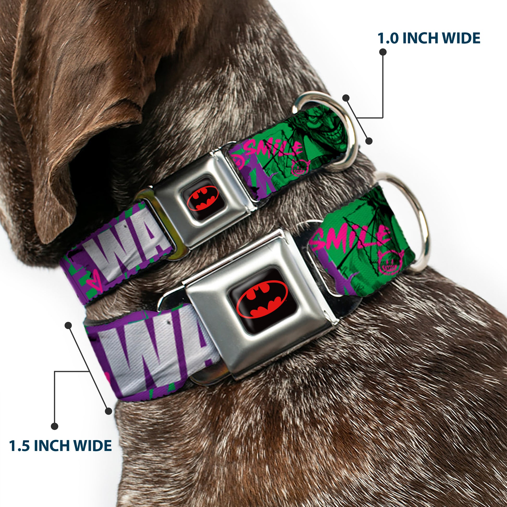 Batman Black/Yellow Seatbelt Buckle Collar - THE JOKER WANTED Smiling Pose and Graffiti Purples/Greens Seatbelt Buckle Collars DC Comics