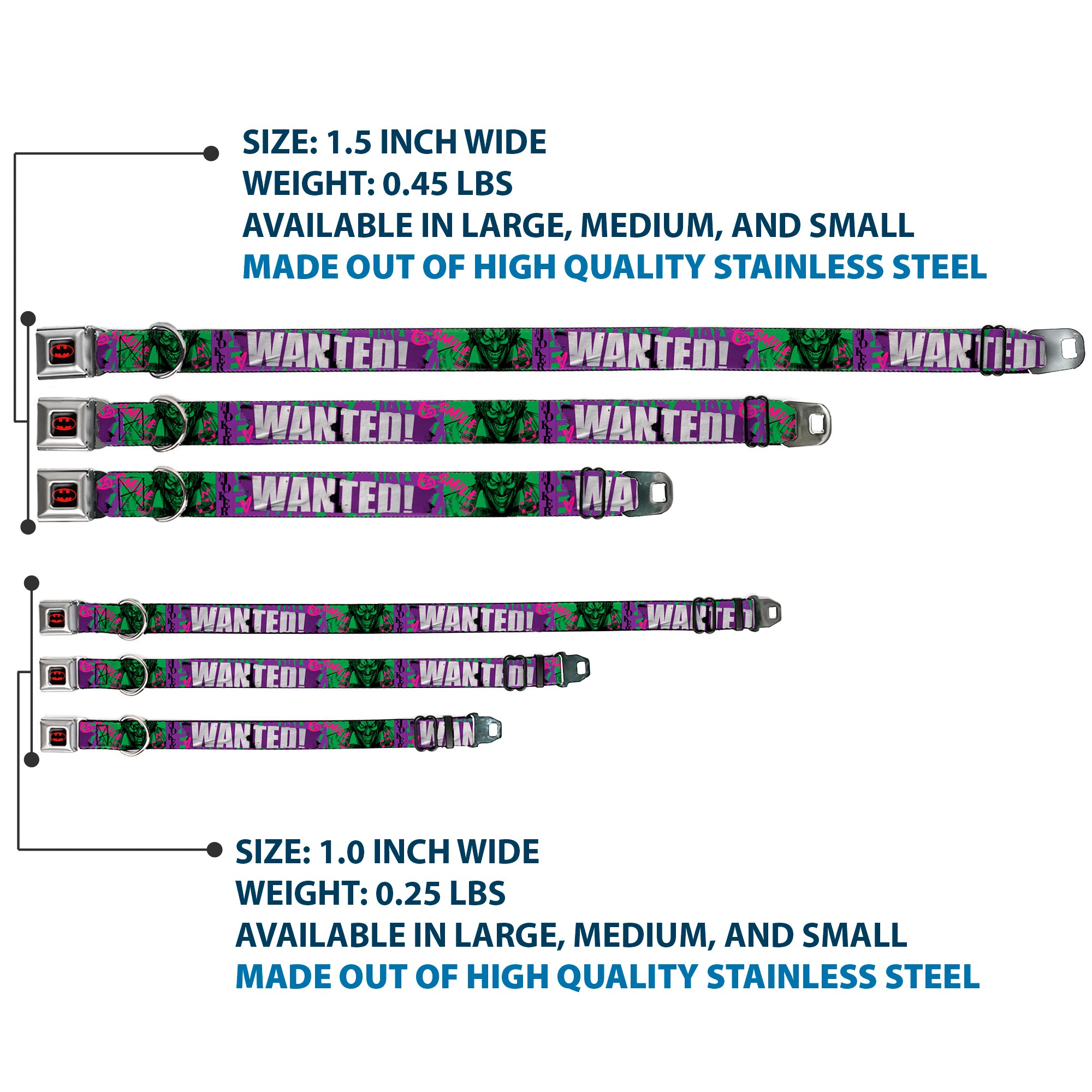 Batman Black/Yellow Seatbelt Buckle Collar - THE JOKER WANTED Smiling Pose and Graffiti Purples/Greens Seatbelt Buckle Collars DC Comics