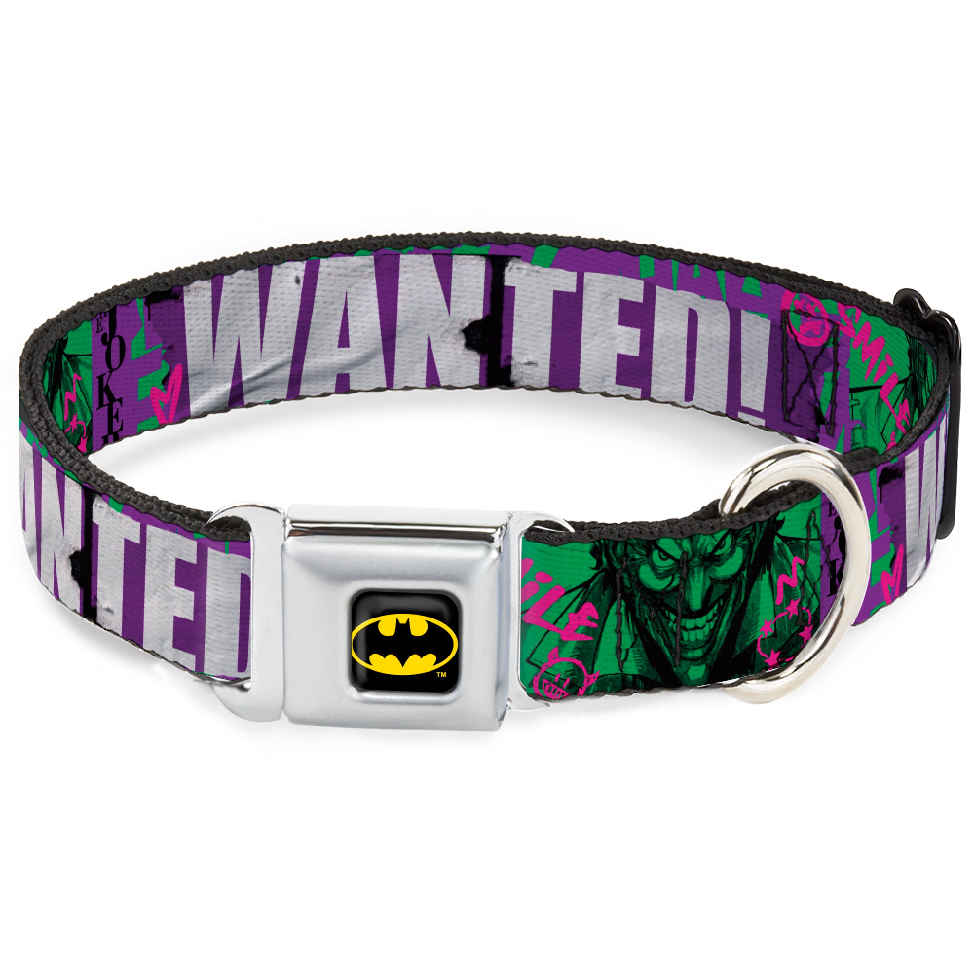 Batman Black/Yellow Seatbelt Buckle Collar - THE JOKER WANTED Smiling Pose and Graffiti Purples/Greens Seatbelt Buckle Collars DC Comics