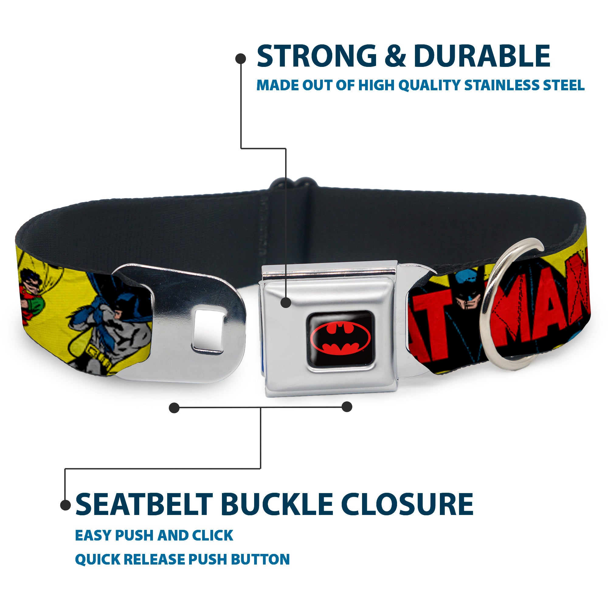 Classic BATMAN Comic Logo Full Color Yellow/Black/Red Seatbelt Buckle Collar - Classic BATMAN Issue #1 Robin & Batman Cover Pose Yellow/Red Seatbelt Buckle Collars DC Comics