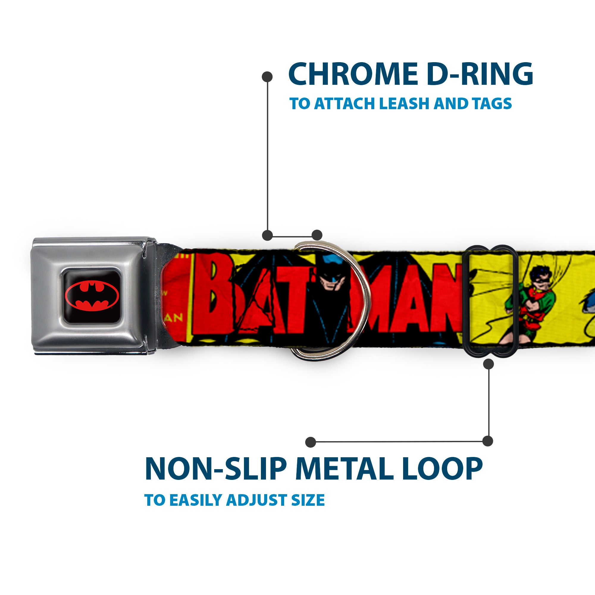 Classic BATMAN Comic Logo Full Color Yellow/Black/Red Seatbelt Buckle Collar - Classic BATMAN Issue #1 Robin & Batman Cover Pose Yellow/Red Seatbelt Buckle Collars DC Comics
