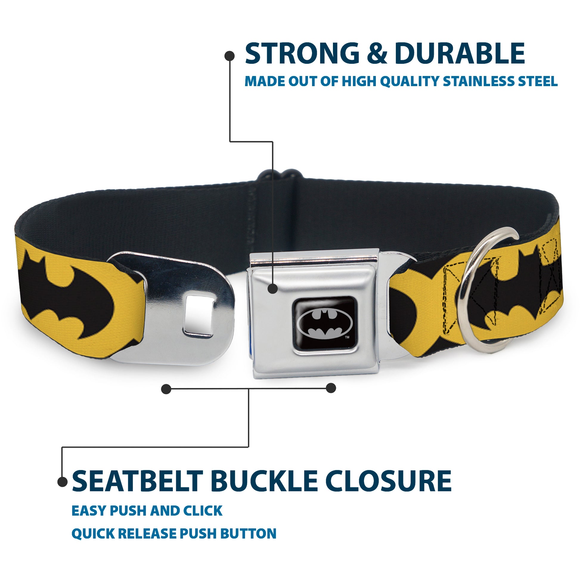 Batman Full Color Black Silver Black Seatbelt Buckle Collar - Bat Signal-5 Black/Yellow/Black Seatbelt Buckle Collars DC Comics