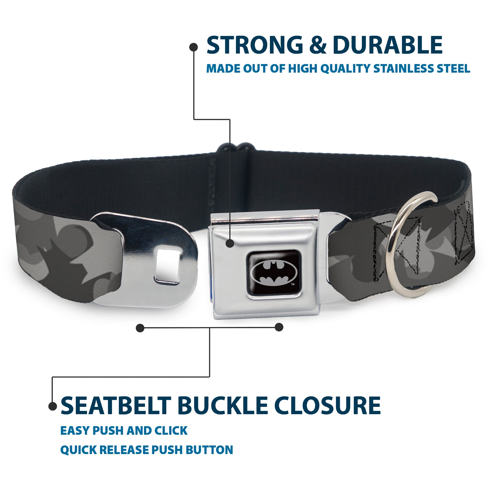 Batman Black/Silver/Black Seatbelt Buckle Collar - Bat Signal Stacked Black/Grays Seatbelt Buckle Collars DC Comics