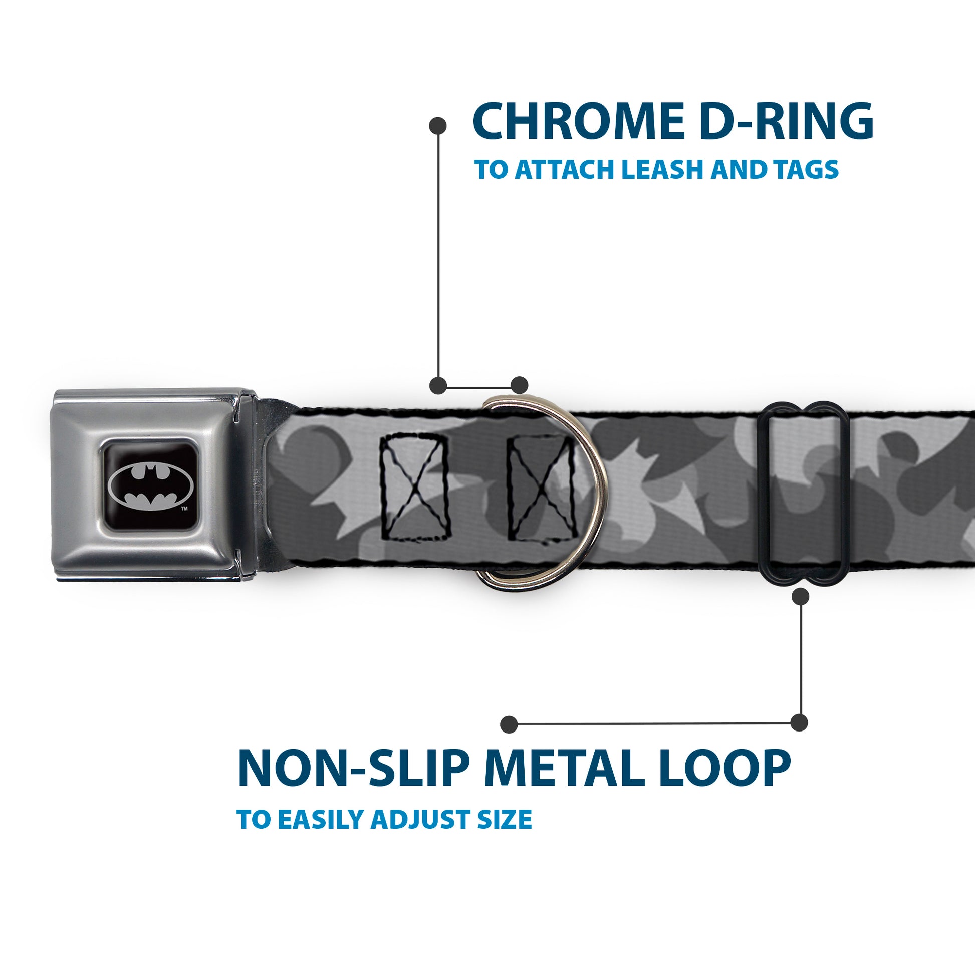 Batman Black/Silver/Black Seatbelt Buckle Collar - Bat Signal Stacked Black/Grays Seatbelt Buckle Collars DC Comics