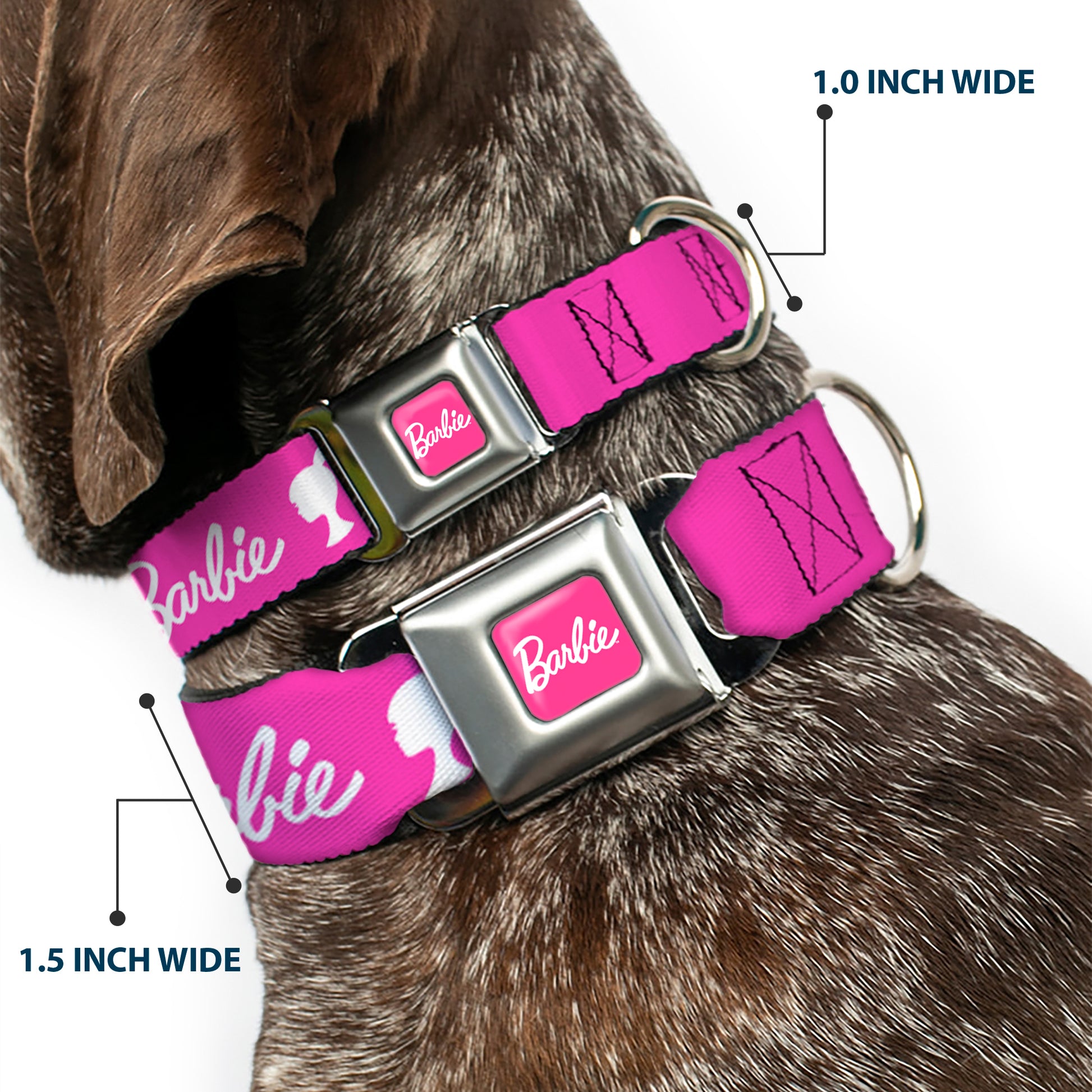 BARBIE Script Signature Full Color Hot Pink/White Seatbelt Buckle Collar - BARBIE Script Signature Logo and Silhouette Hot Pink/White Seatbelt Buckle Collars Barbie
