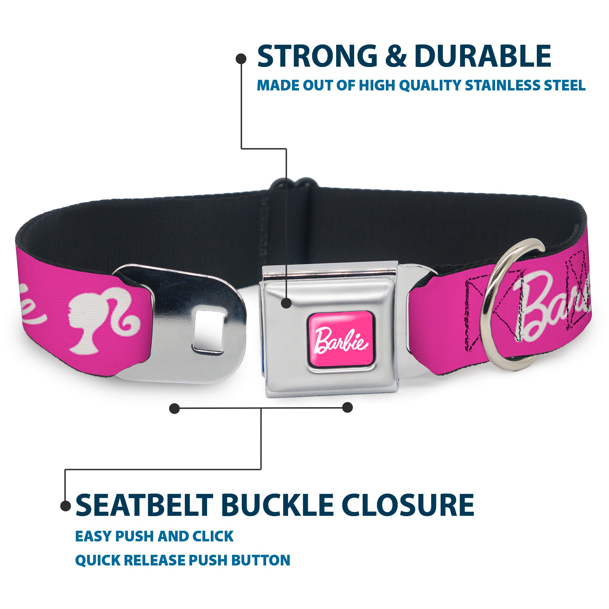 BARBIE Script Signature Full Color Hot Pink/White Seatbelt Buckle Collar - BARBIE Script Signature Logo and Silhouette Hot Pink/White Seatbelt Buckle Collars Barbie