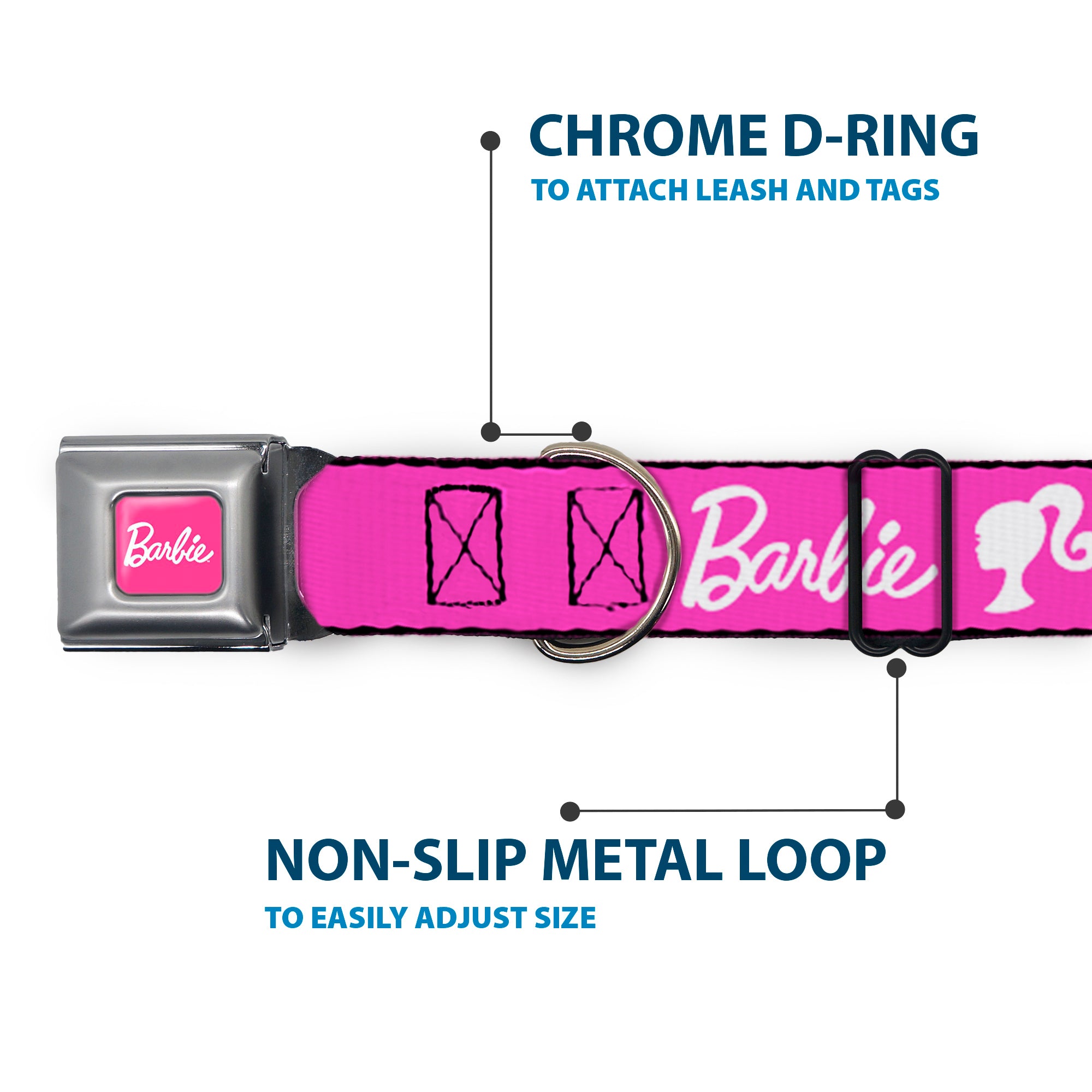 BARBIE Script Signature Full Color Hot Pink/White Seatbelt Buckle Collar - BARBIE Script Signature Logo and Silhouette Hot Pink/White Seatbelt Buckle Collars Barbie