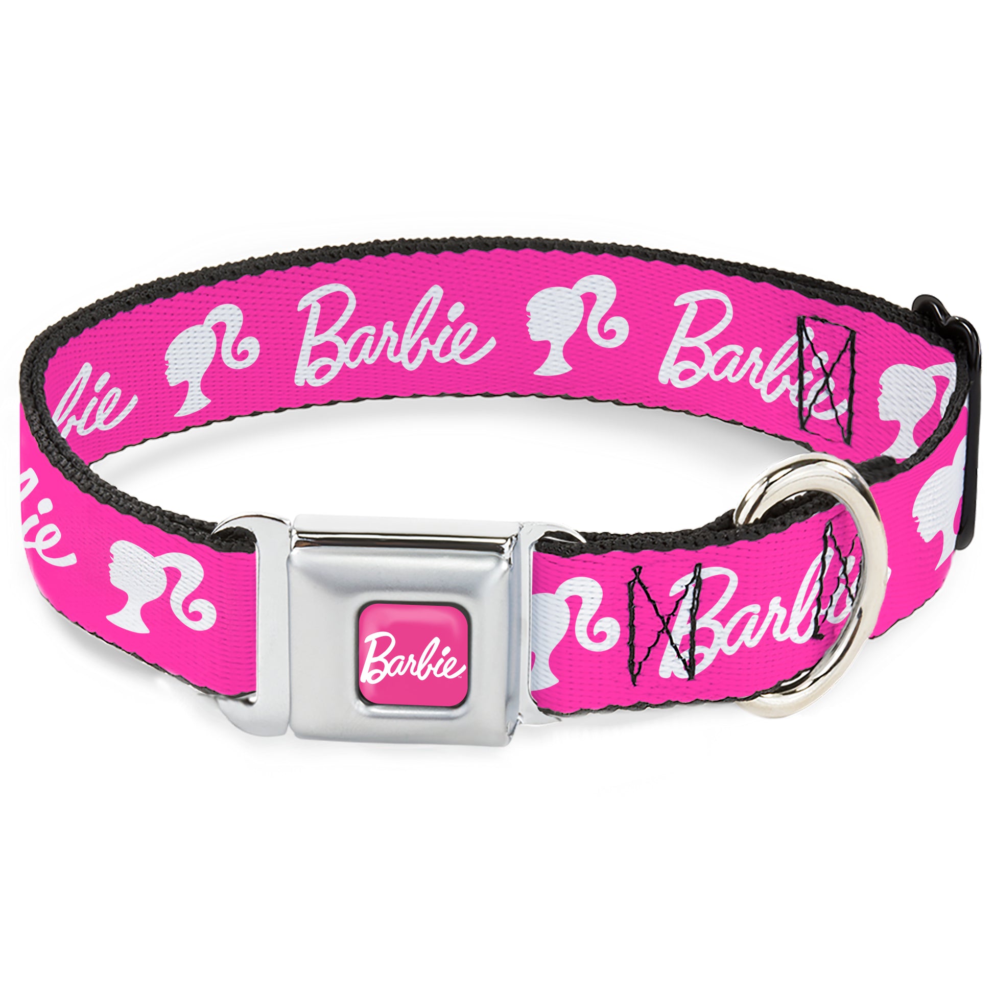 BARBIE Script Signature Full Color Hot Pink/White Seatbelt Buckle Collar - BARBIE Script Signature Logo and Silhouette Hot Pink/White Seatbelt Buckle Collars Barbie