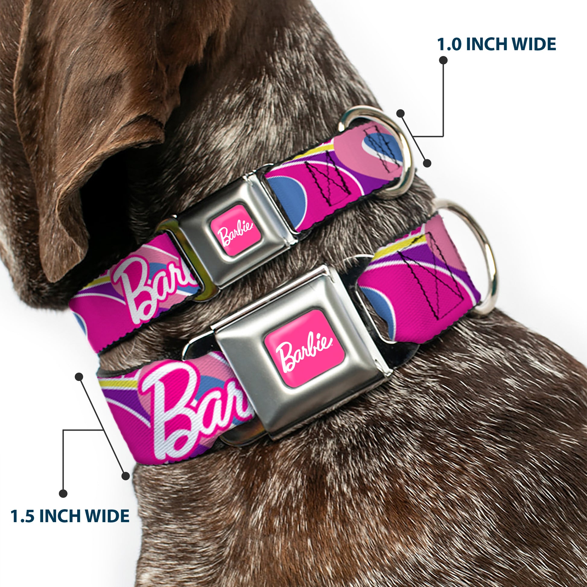 BARBIE Script Signature Full Color Hot Pink/White Seatbelt Buckle Collar - BARBIE Script Signature Logo Abstract Multi Color/White Seatbelt Buckle Collars Barbie