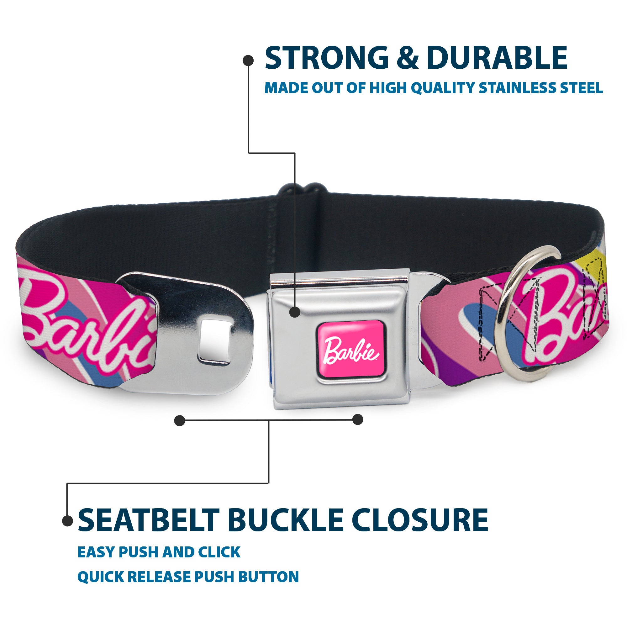 BARBIE Script Signature Full Color Hot Pink/White Seatbelt Buckle Collar - BARBIE Script Signature Logo Abstract Multi Color/White Seatbelt Buckle Collars Barbie