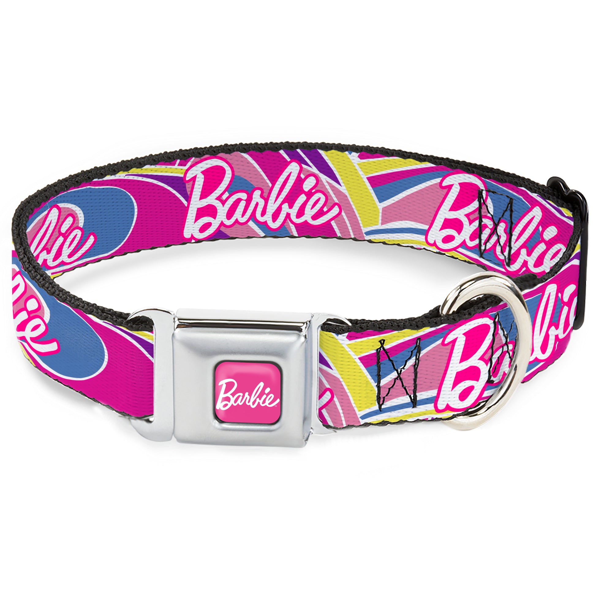 BARBIE Script Signature Full Color Hot Pink/White Seatbelt Buckle Collar - BARBIE Script Signature Logo Abstract Multi Color/White Seatbelt Buckle Collars Barbie