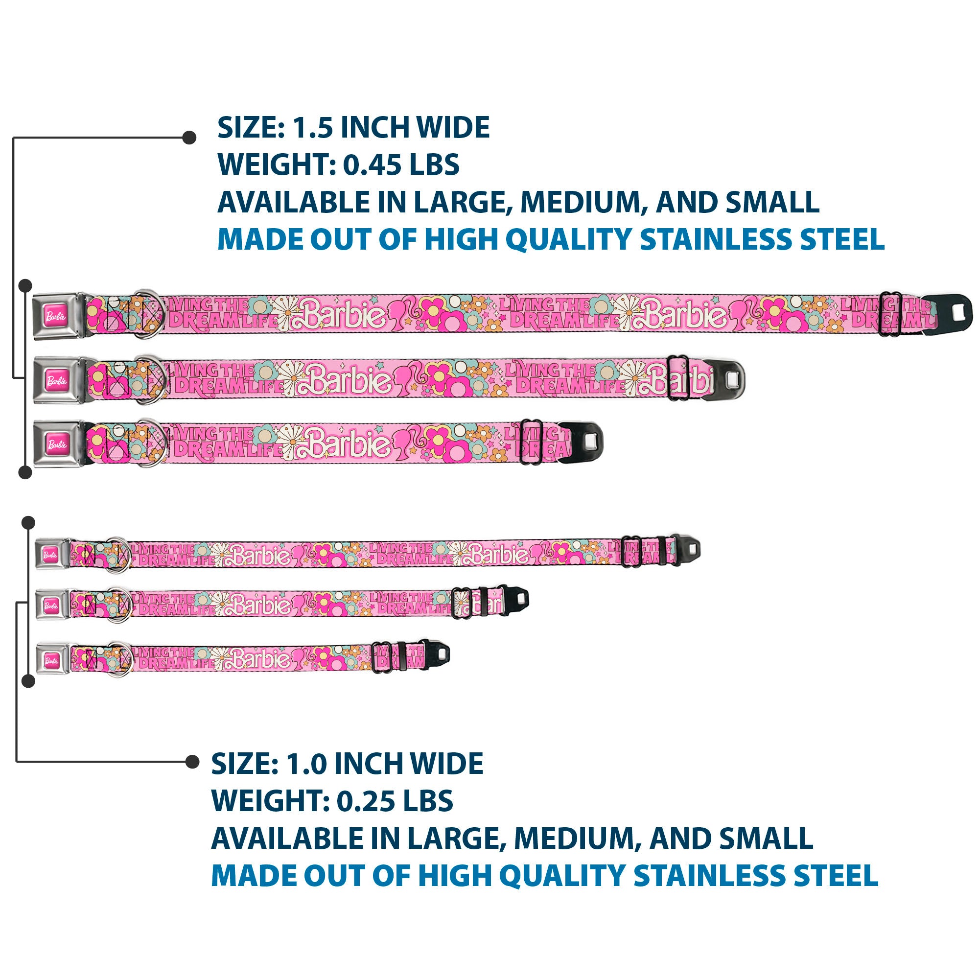 BARBIE Script Signature Full Color Hot Pink/White Seatbelt Buckle Collar - BARBIE LIVING THE DREAM LIFE Icons Collage Pinks Seatbelt Buckle Collars Barbie