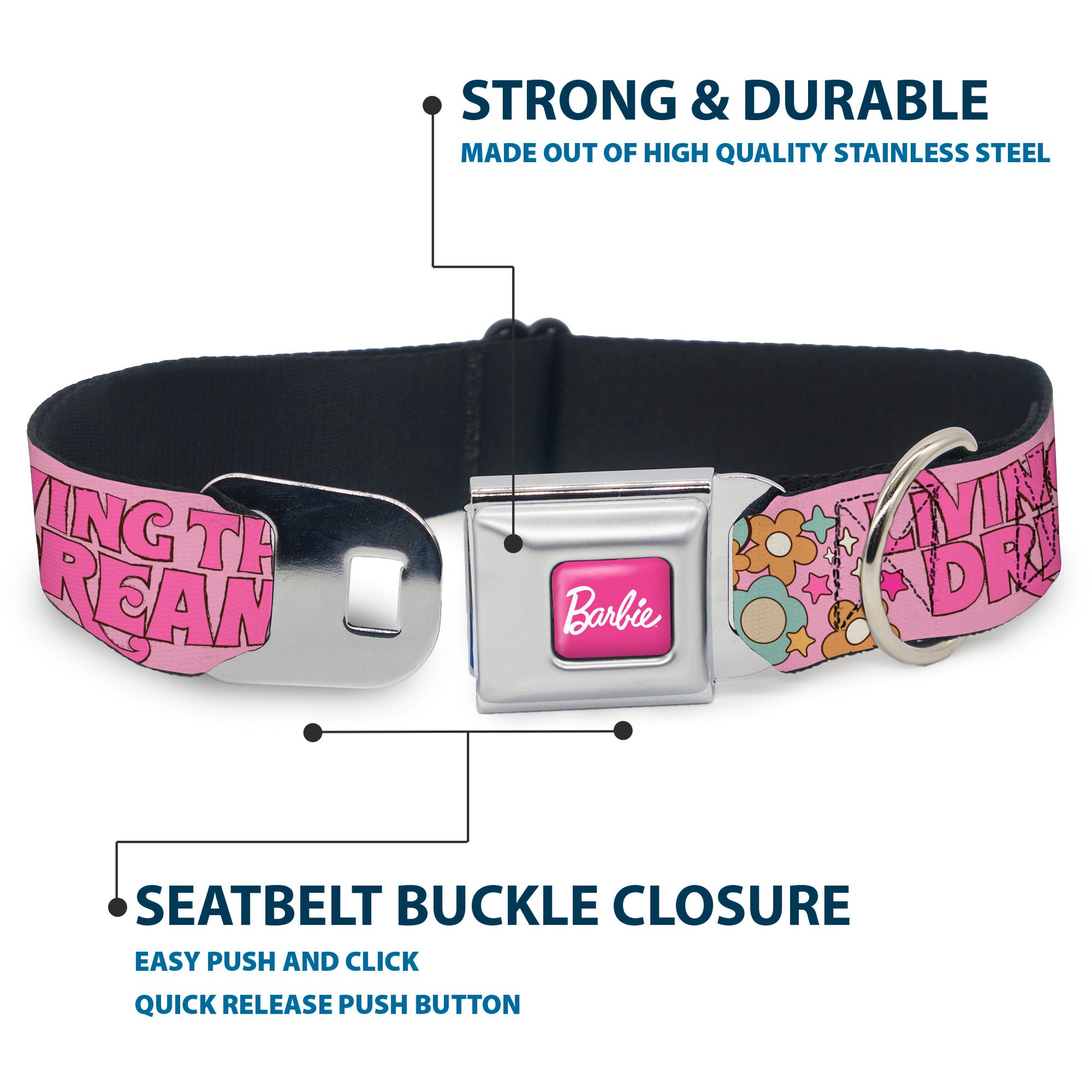 BARBIE Script Signature Full Color Hot Pink/White Seatbelt Buckle Collar - BARBIE LIVING THE DREAM LIFE Icons Collage Pinks Seatbelt Buckle Collars Barbie