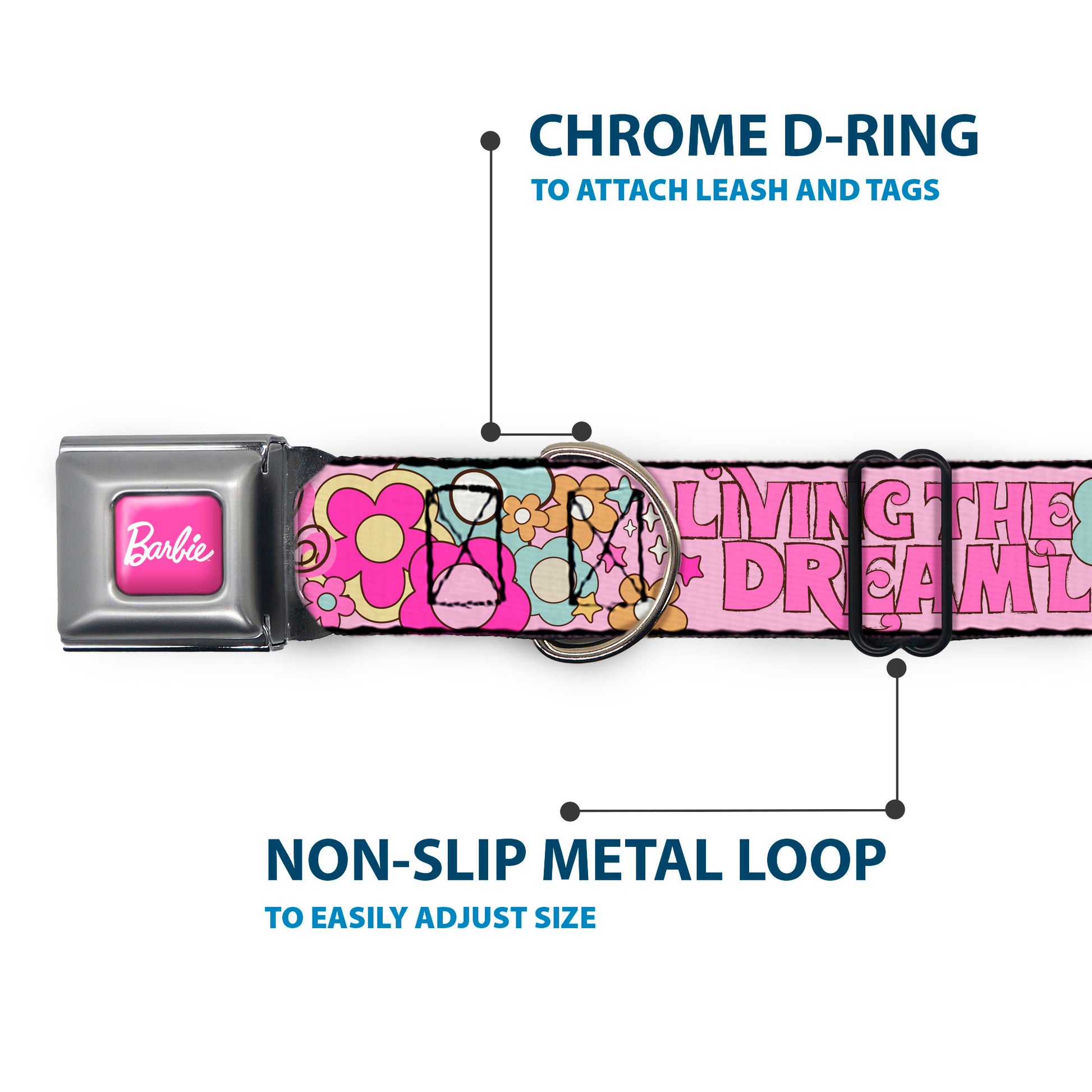 BARBIE Script Signature Full Color Hot Pink/White Seatbelt Buckle Collar - BARBIE LIVING THE DREAM LIFE Icons Collage Pinks Seatbelt Buckle Collars Barbie