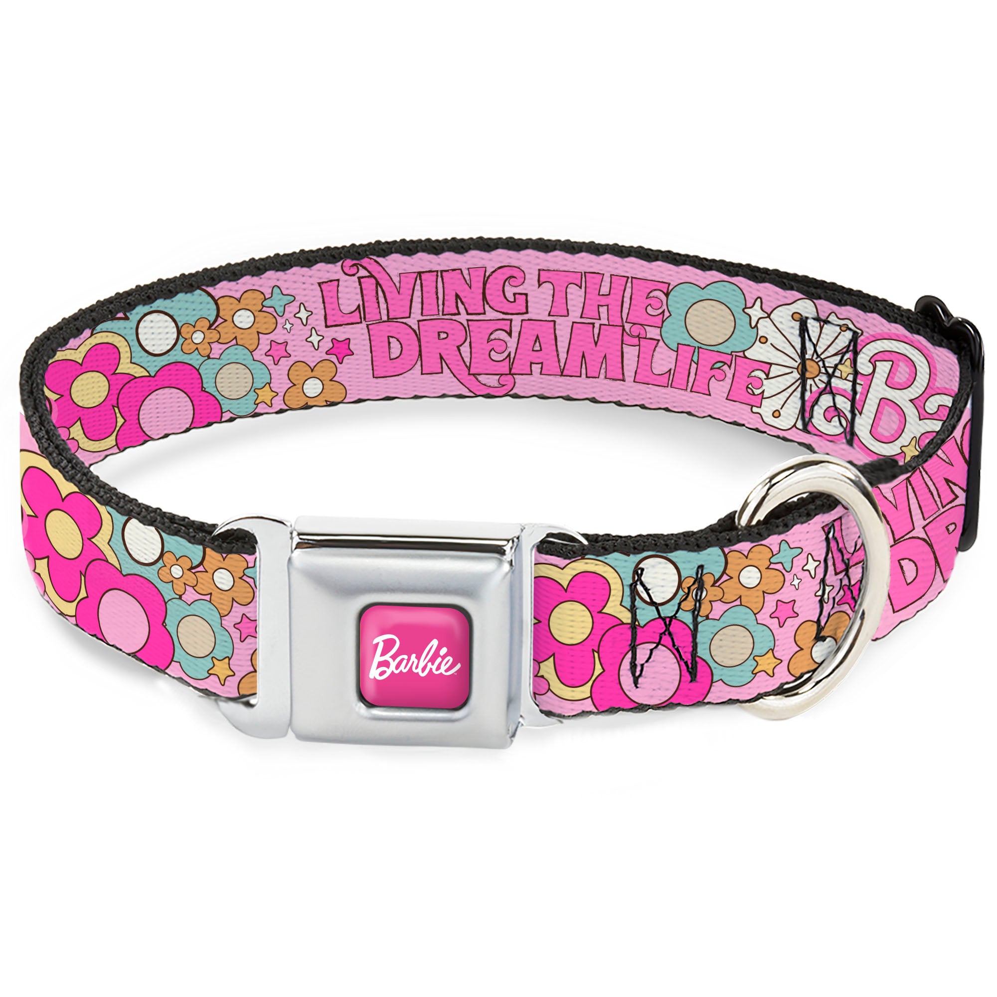 BARBIE Script Signature Full Color Hot Pink/White Seatbelt Buckle Collar - BARBIE LIVING THE DREAM LIFE Icons Collage Pinks Seatbelt Buckle Collars Barbie