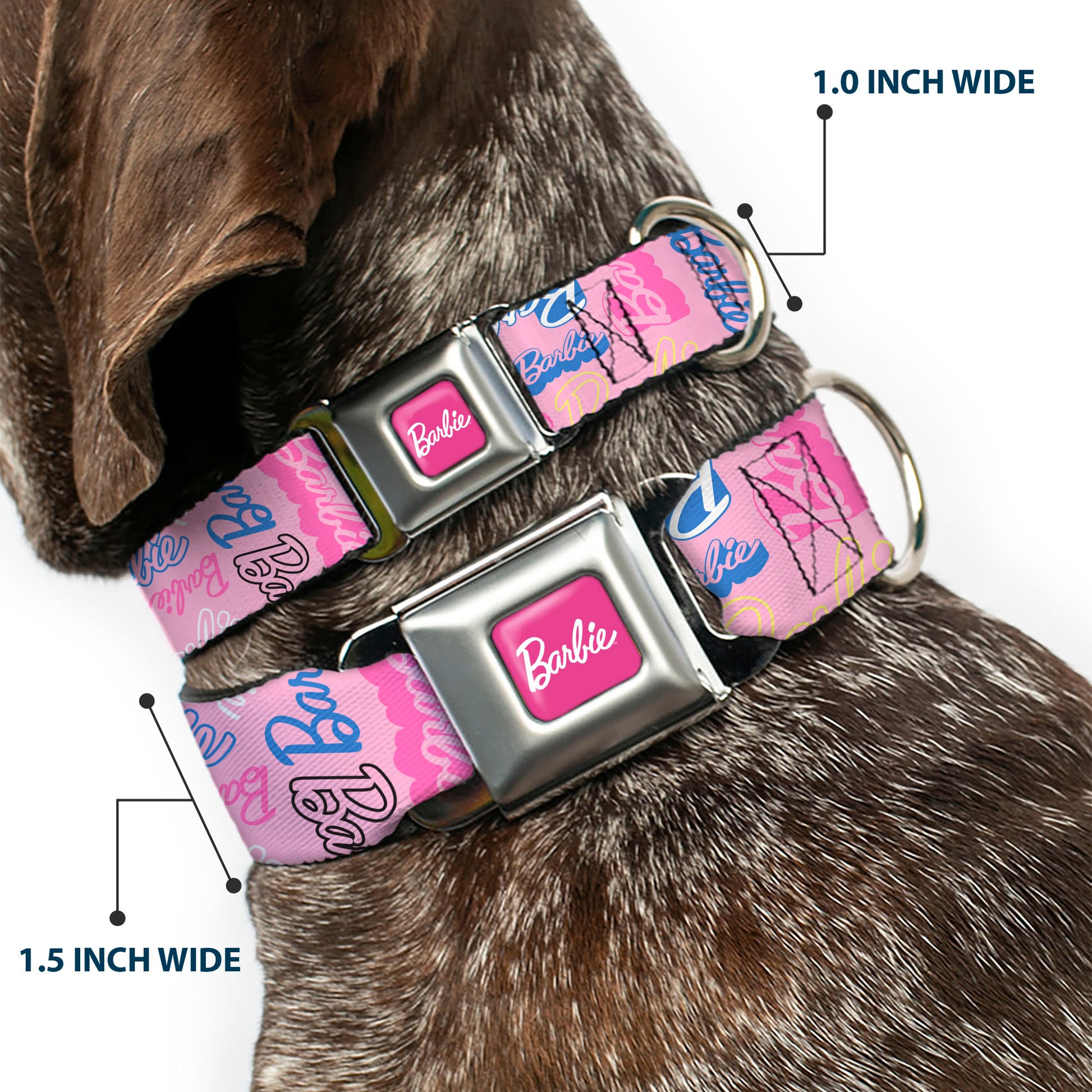 BARBIE Script Signature Full Color Hot Pink/White Seatbelt Buckle Collar - BARBIE Script Signature Collage Pink/Multi Color Seatbelt Buckle Collars Barbie