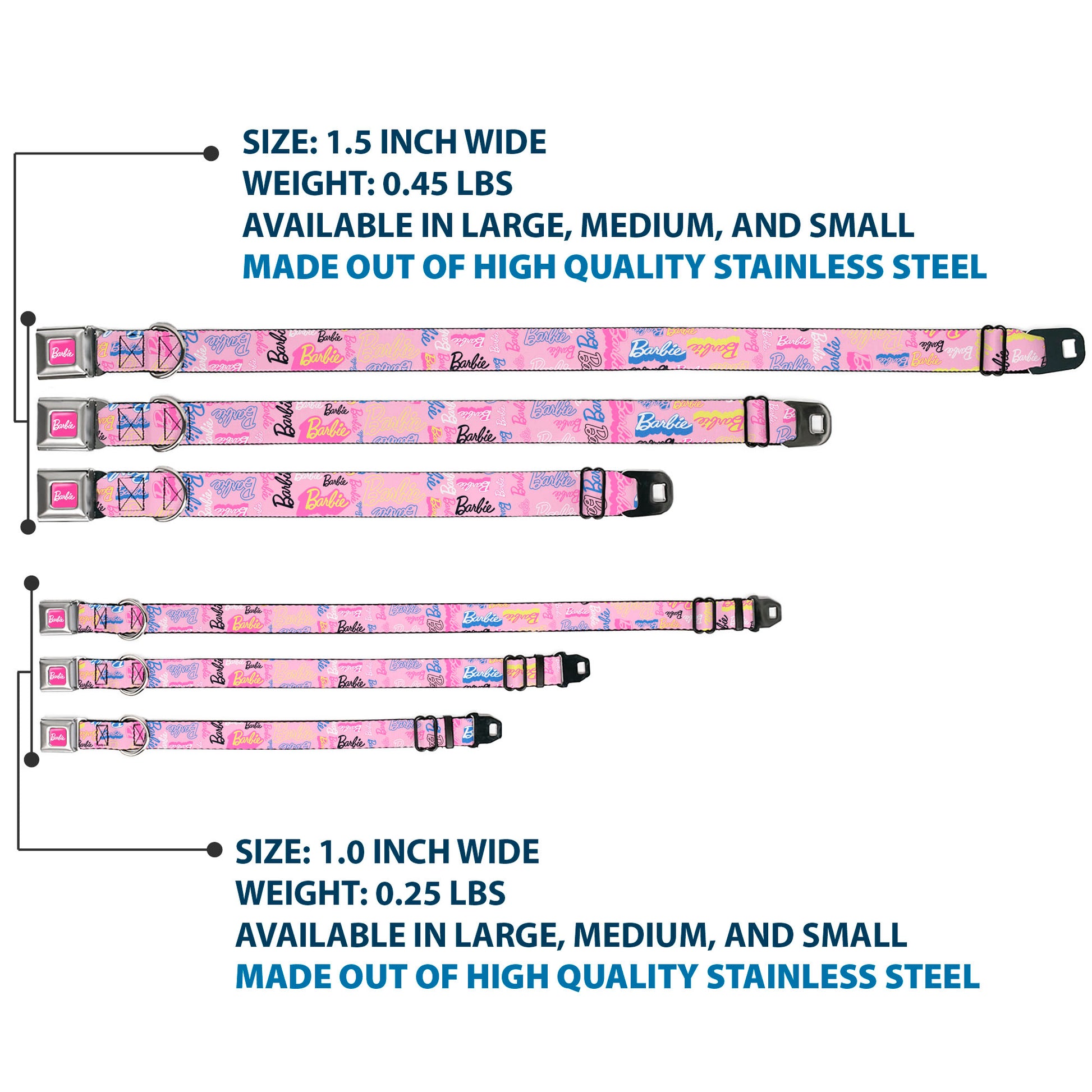 BARBIE Script Signature Full Color Hot Pink/White Seatbelt Buckle Collar - BARBIE Script Signature Collage Pink/Multi Color Seatbelt Buckle Collars Barbie