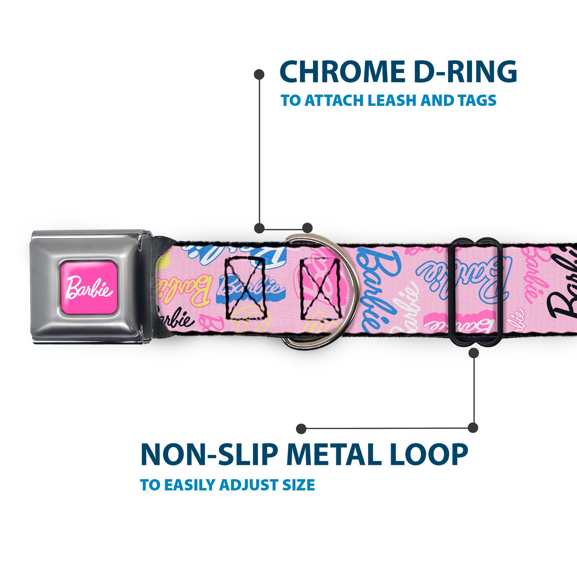 BARBIE Script Signature Full Color Hot Pink/White Seatbelt Buckle Collar - BARBIE Script Signature Collage Pink/Multi Color Seatbelt Buckle Collars Barbie