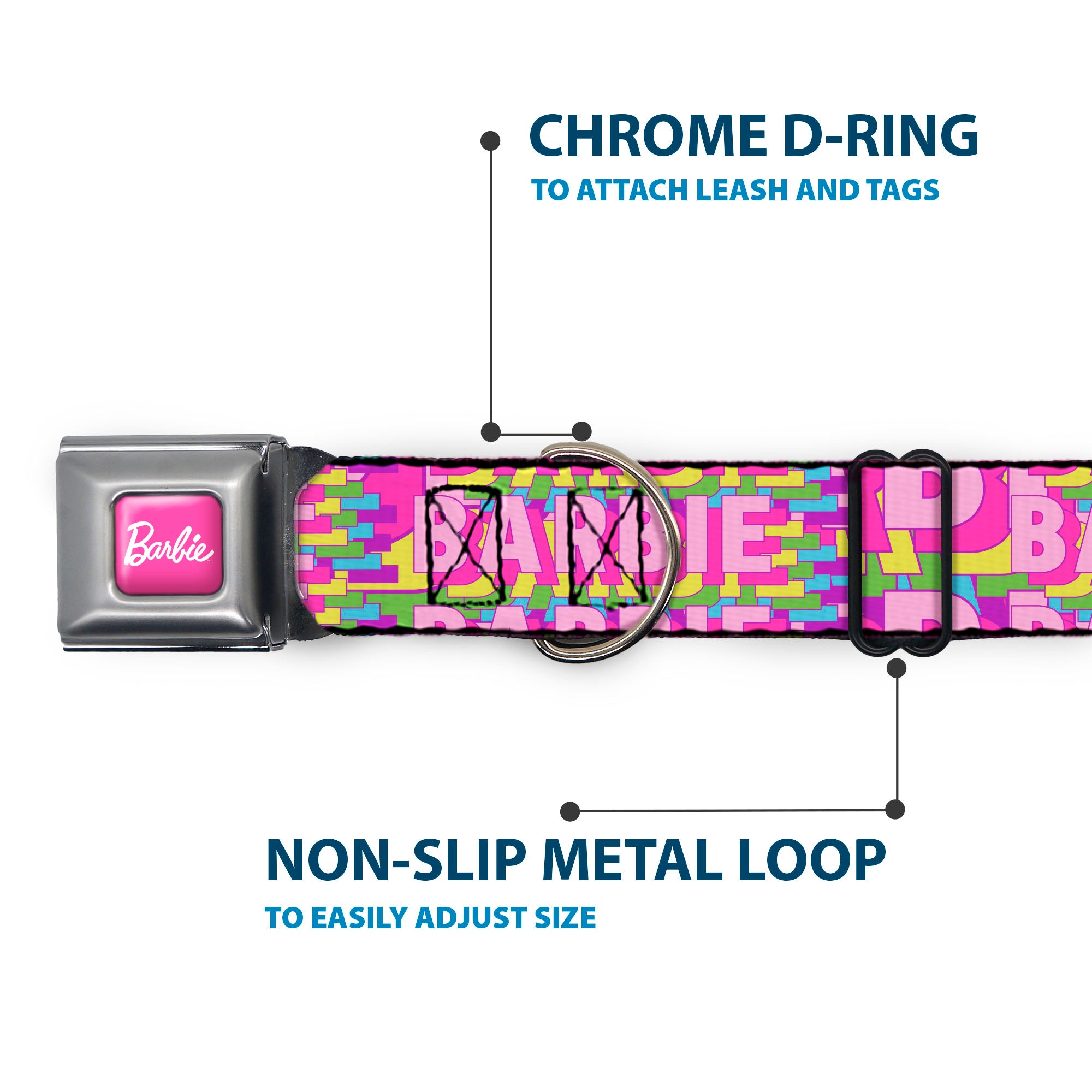 BARBIE Script Signature Full Color Hot Pink/White Seatbelt Buckle Collar - BARBIE Bold Text Stacked Pink/Multi Color Seatbelt Buckle Collars Barbie