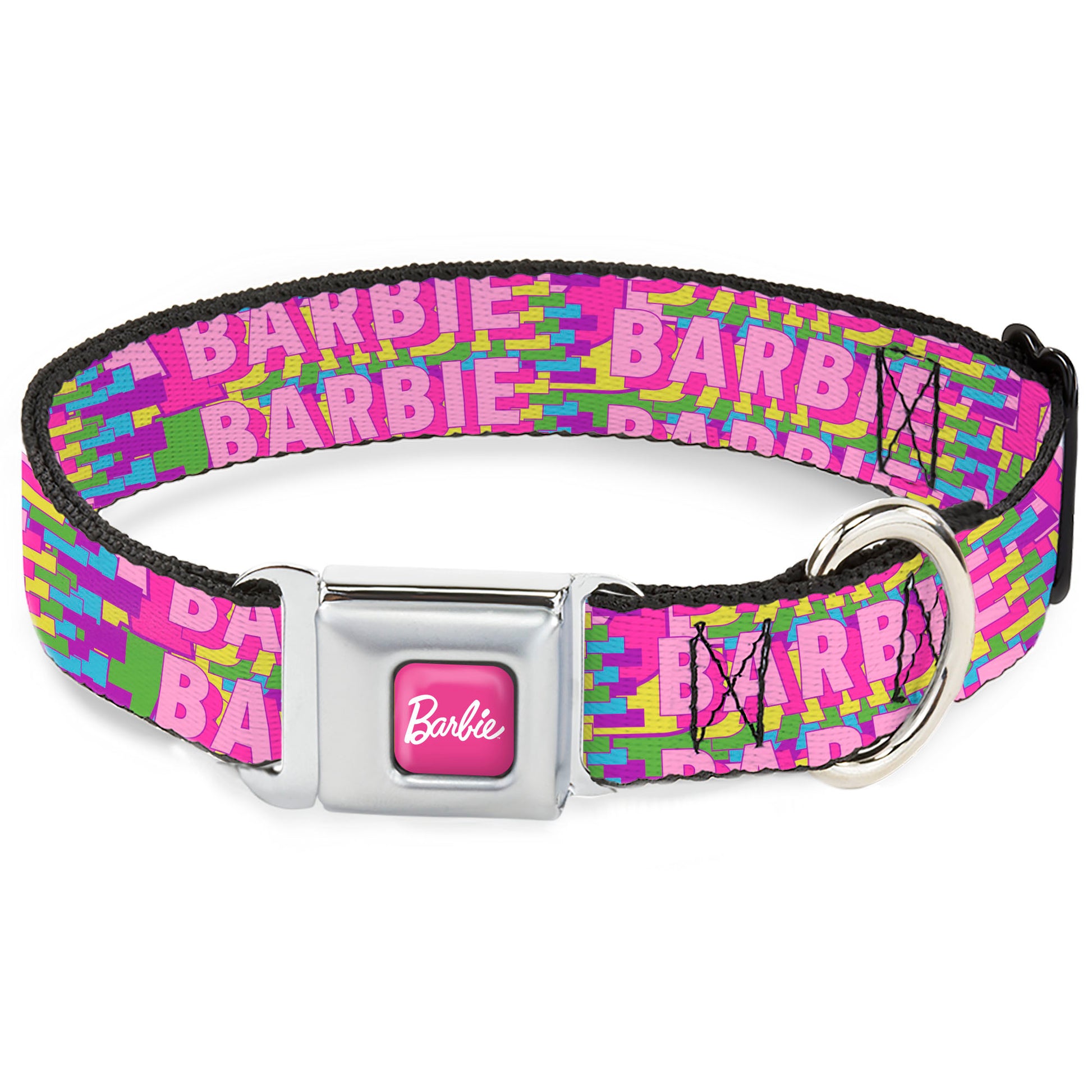BARBIE Script Signature Full Color Hot Pink/White Seatbelt Buckle Collar - BARBIE Bold Text Stacked Pink/Multi Color Seatbelt Buckle Collars Barbie